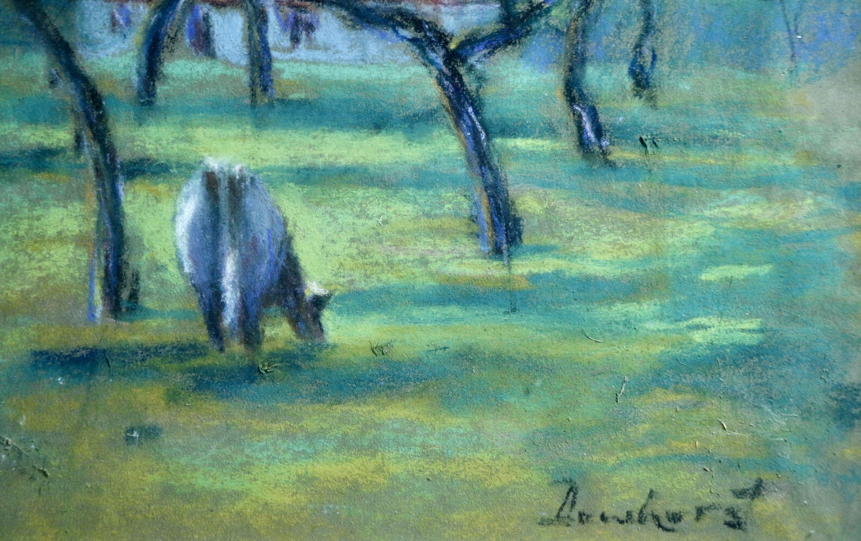 Cattle in an Orchard - 20th Century Pastel, Cow & Trees in Landscape by Dewhurst - Impressionist Art by Wynford Dewhurst