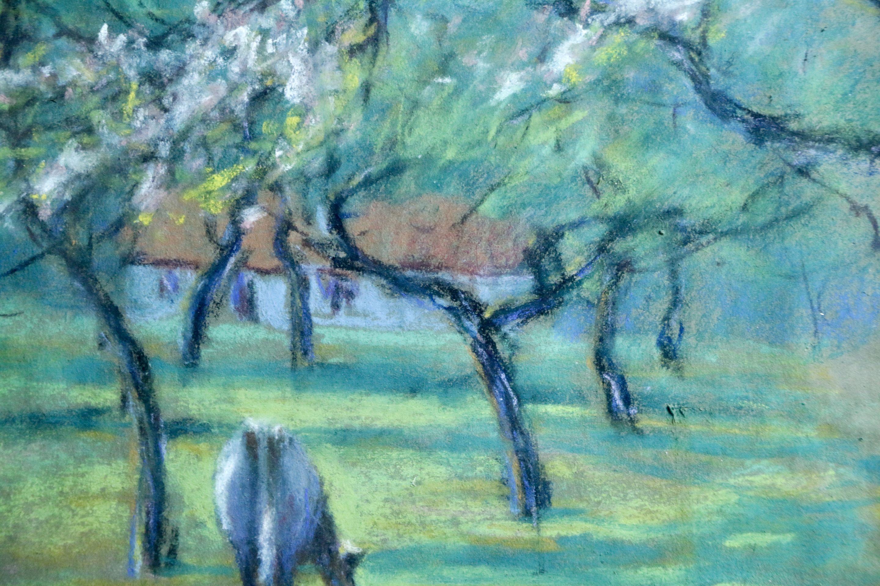 Cattle in an Orchard - 20th Century Pastel, Cow & Trees in Landscape by Dewhurst - Blue Landscape Art by Wynford Dewhurst