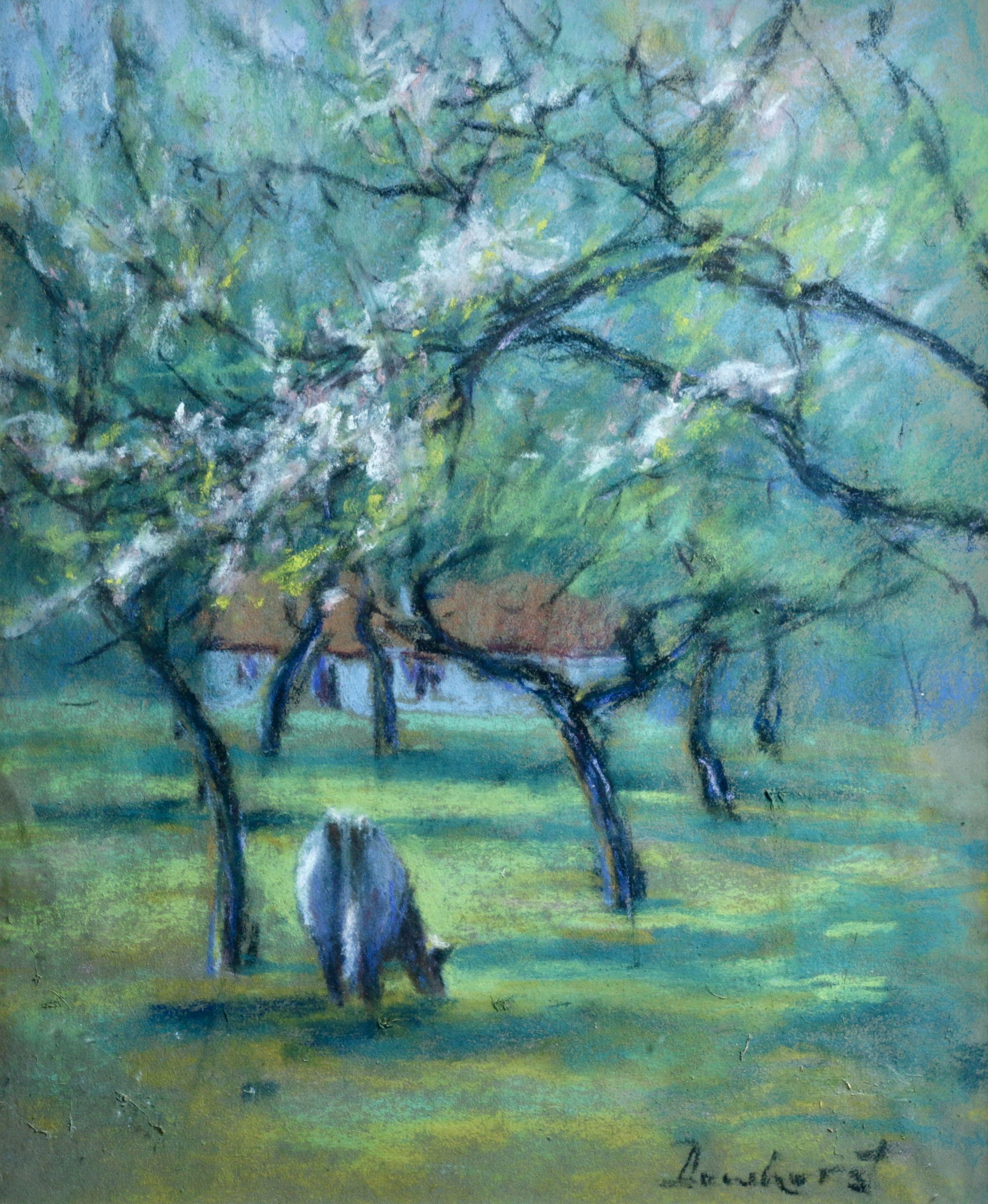 Wynford Dewhurst Landscape Art - Cattle in an Orchard - 20th Century Pastel, Cow & Trees in Landscape by Dewhurst