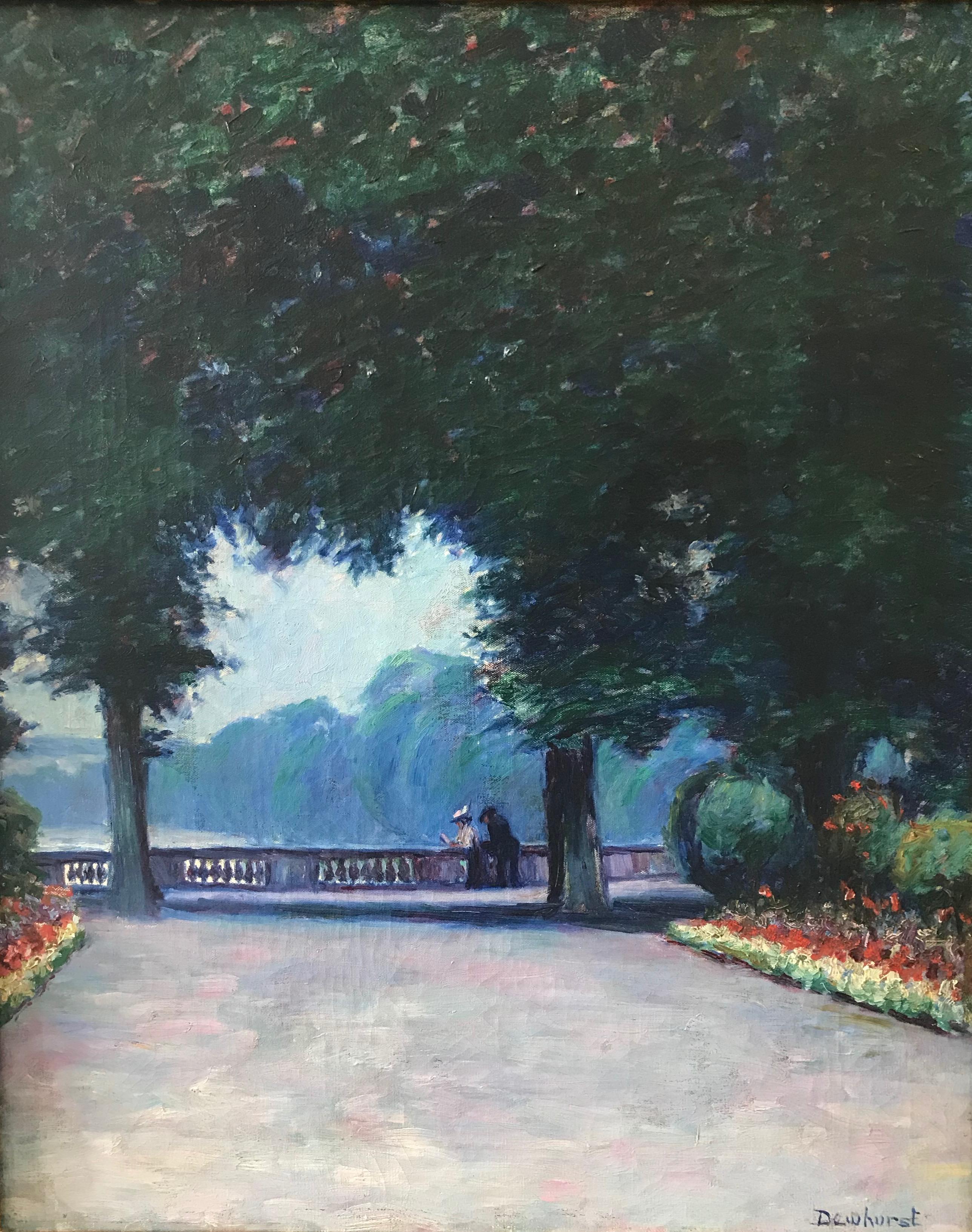 Dewhurst painted several paintings of the park surrounding the palace of Versailles. In this example, the dramatic foliage of the trees and avenue of summer blooms lead the eye to a couple engaged in conversation on the balustrade.

Wynford Dewhurst