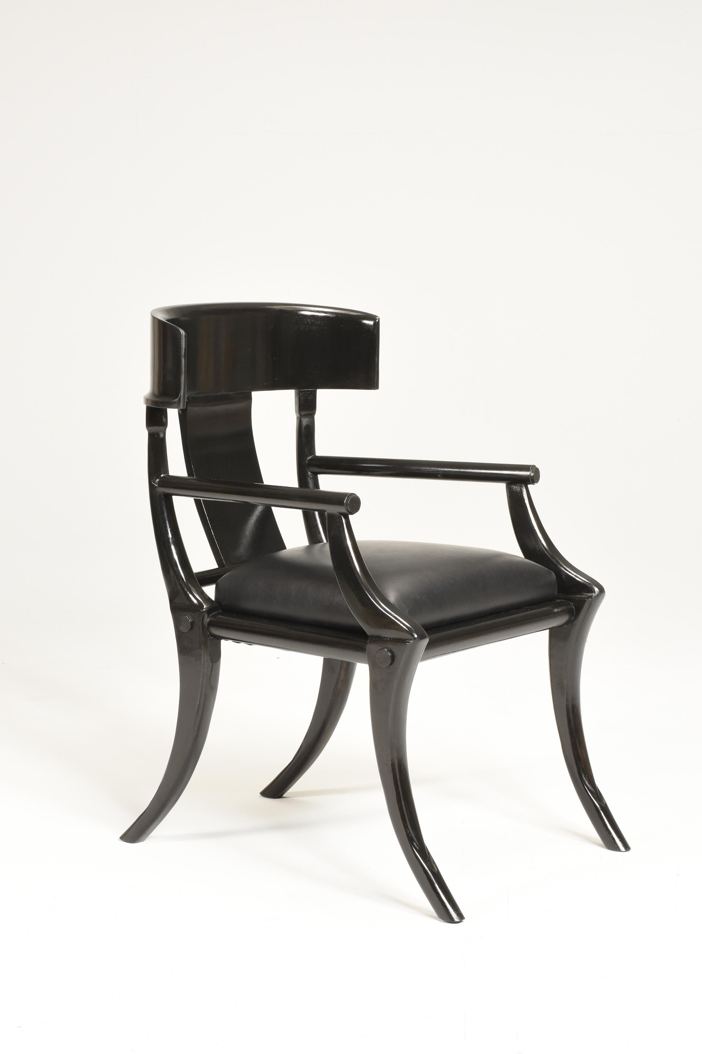 Greek Revival Black Leather Wood Saber Legs Armchairs Customizable Colors & Upholstery For Sale