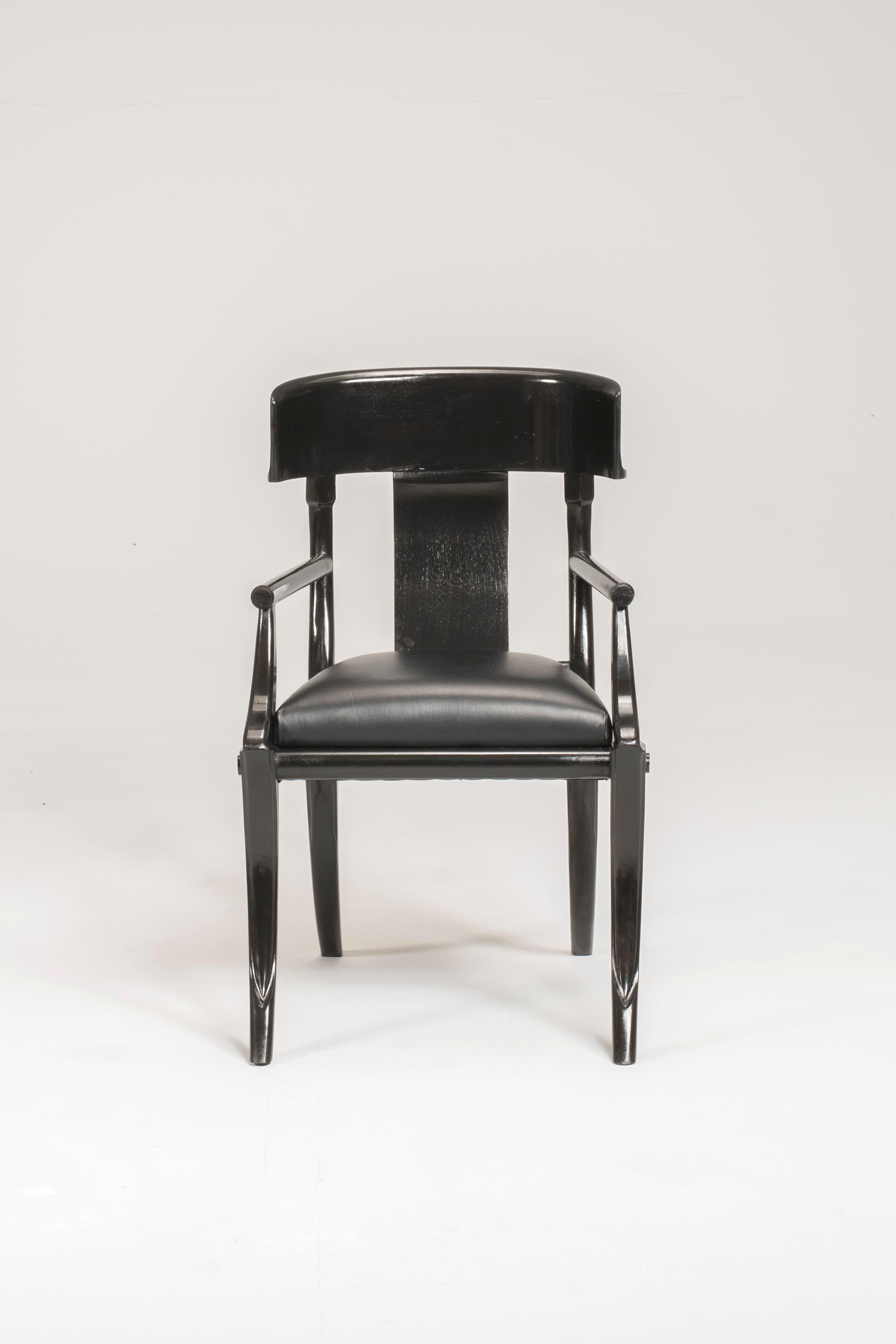 Lacquered Black Leather Wood Saber Legs Armchairs Customizable Colors & Upholstery For Sale