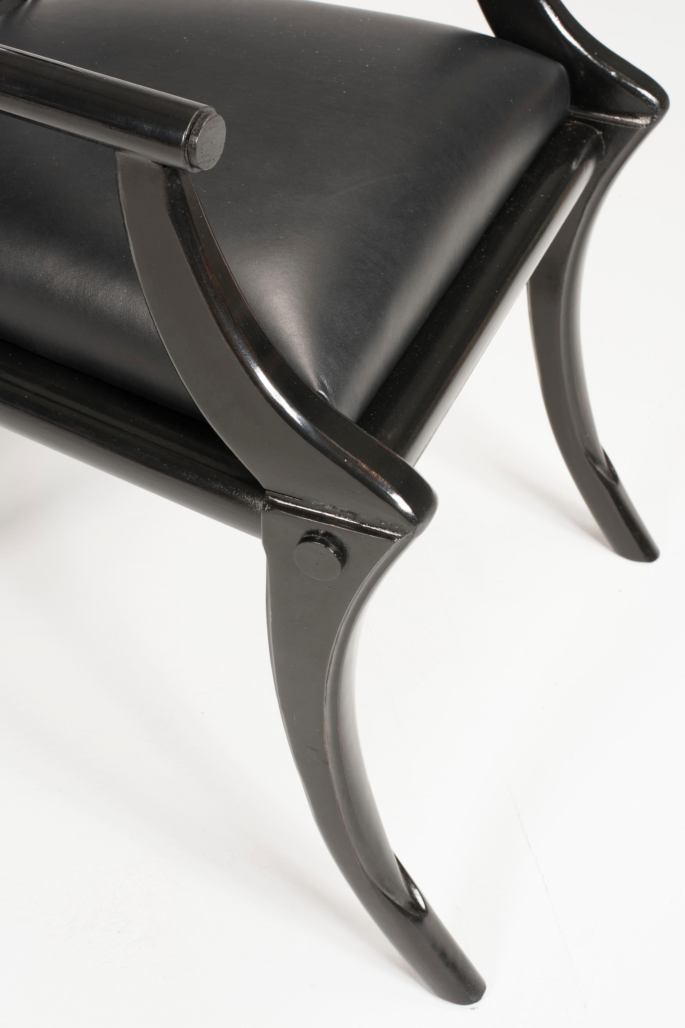 Walnut Black Leather Wood Saber Legs Armchairs Customizable Colors & Upholstery For Sale