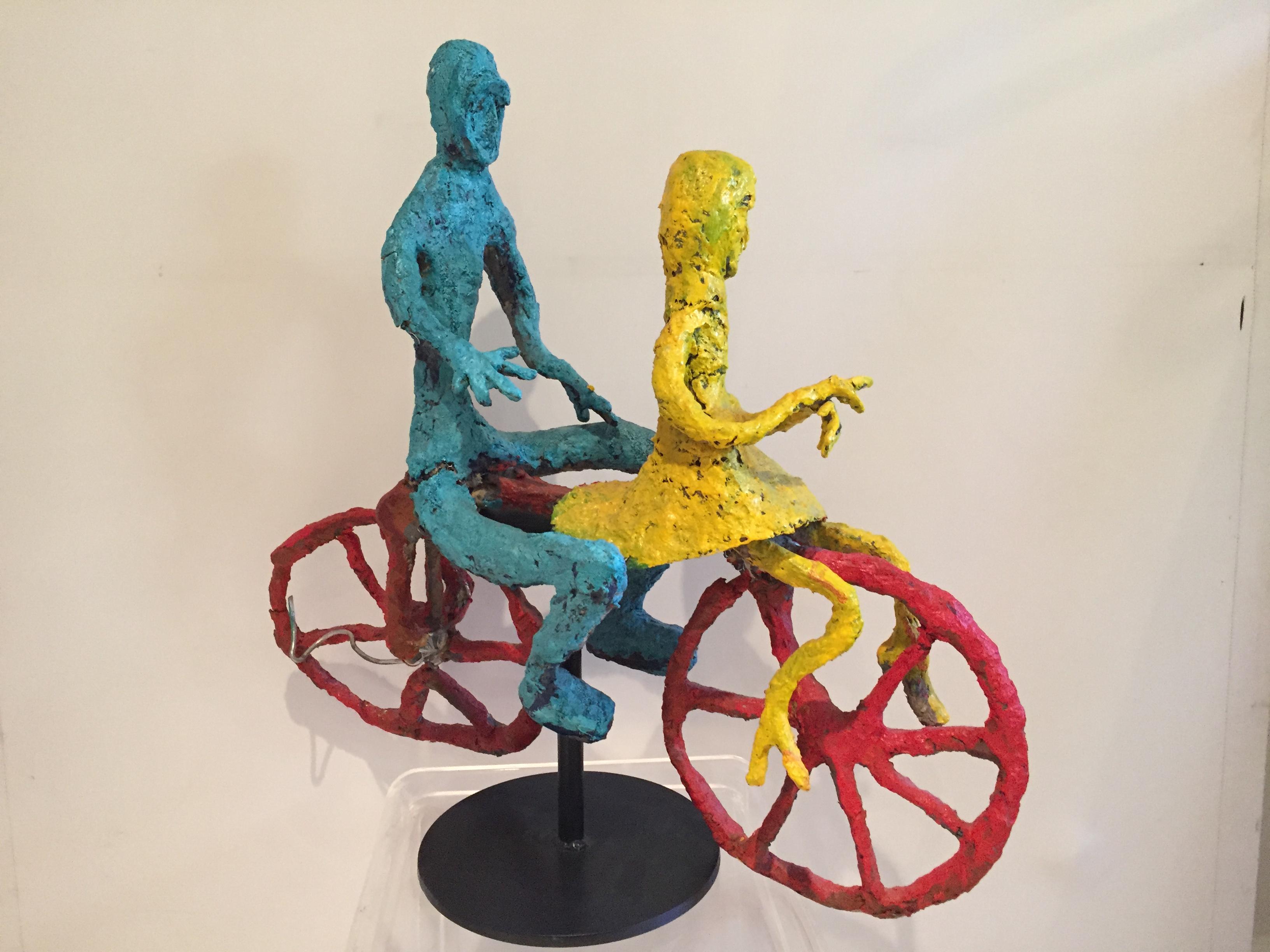 Wyona Diskin 1915-1991 couple riding a Bicycle, colorful composition vibrant, together on a handmade stand .She was an American painter and printmaker New York City born and raised, in Manhattan she entered the art scene through friend Michael Loew.