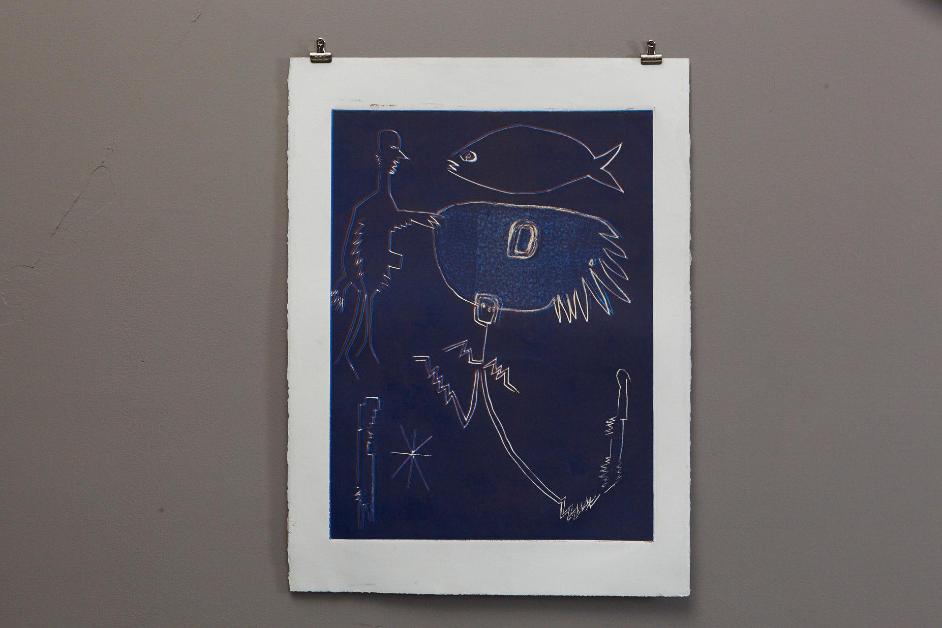 Blue Man with Fish - Print by Wyona Diskin