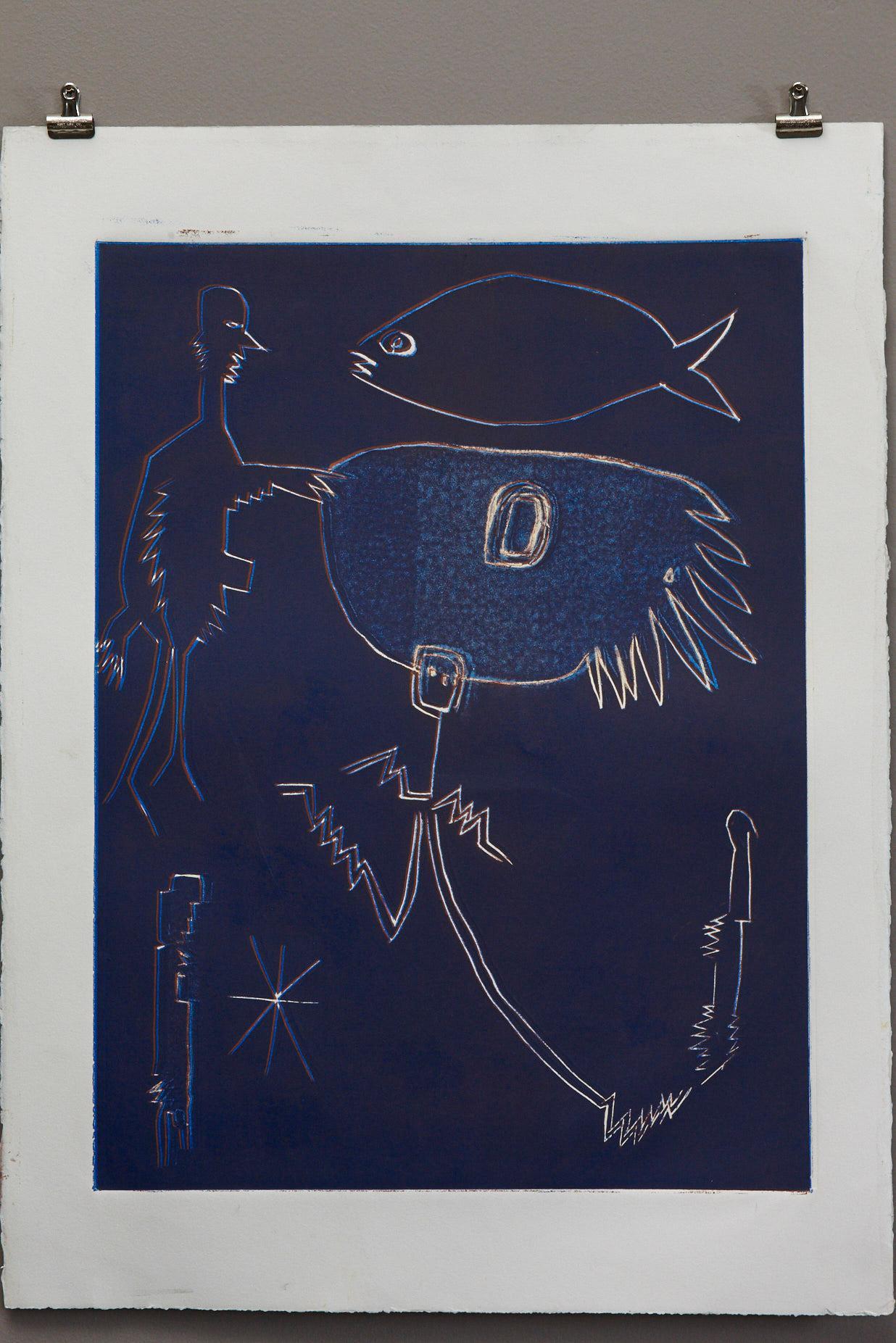 Man bleu avec poissons - Expressionnisme abstrait Print par Wyona Diskin