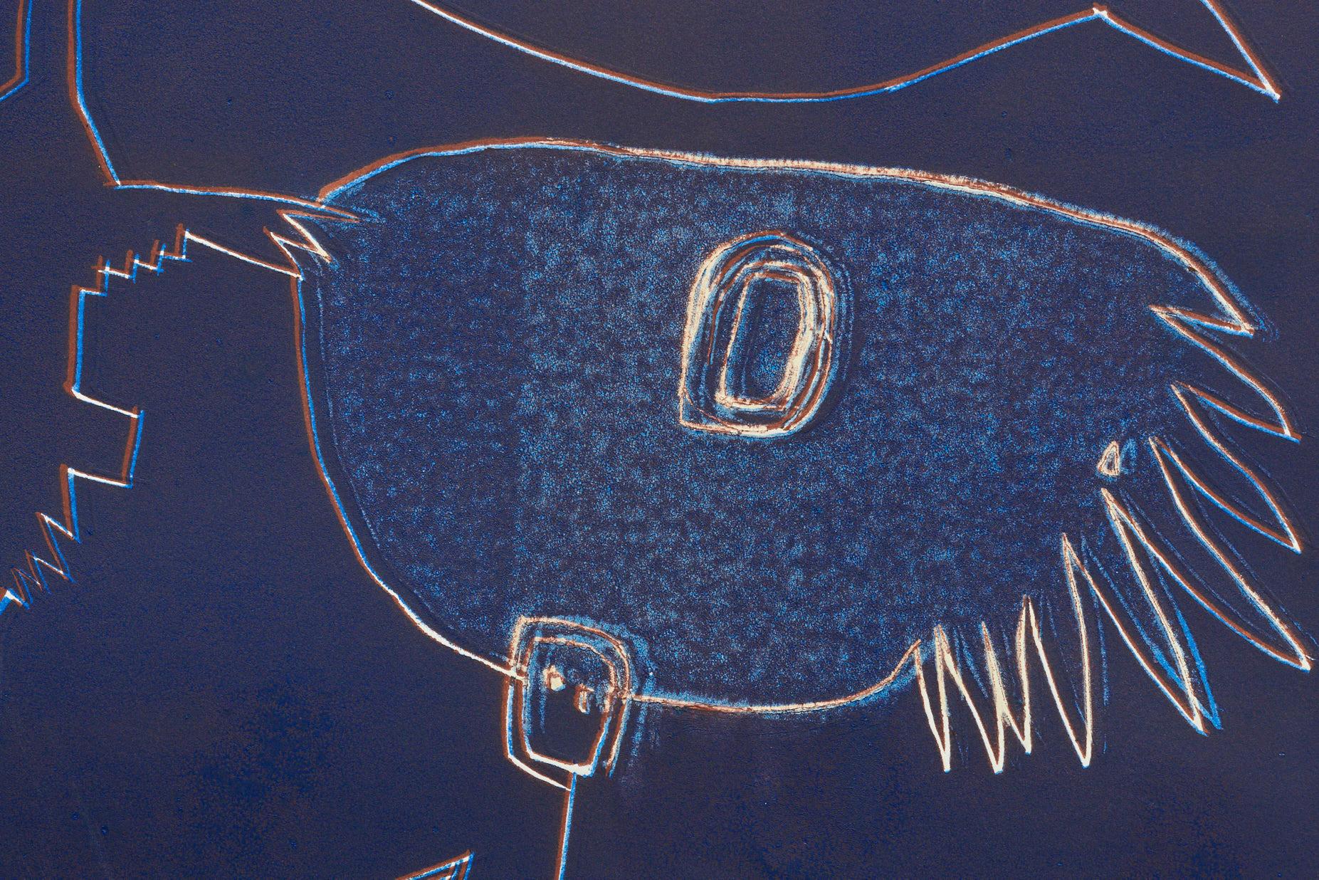 Blue Man with Fish - Black Abstract Print by Wyona Diskin