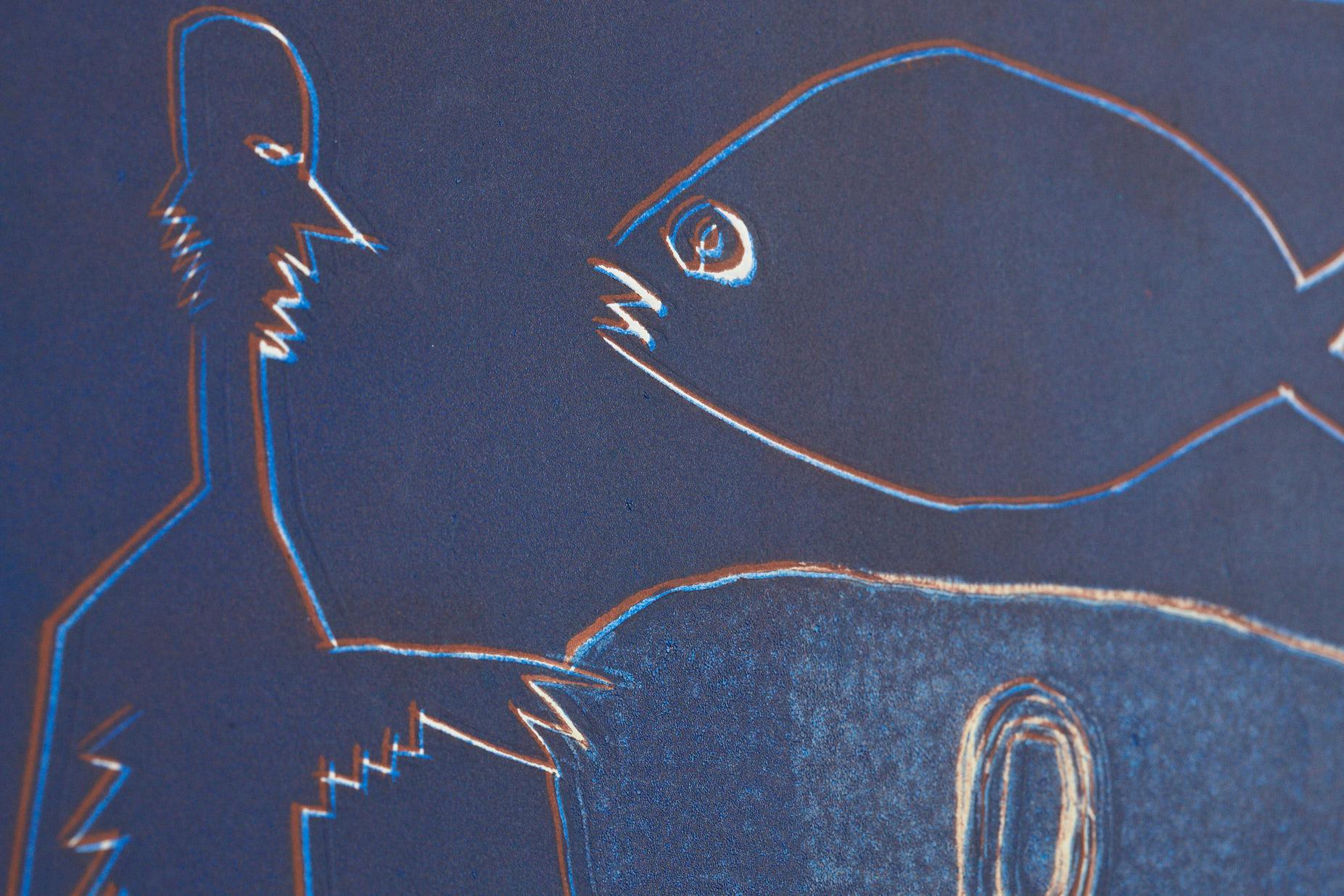 Wyona Diskin, Amerikanerin (1915 - 1991)
Blauer Mann mit Fisch
Monoprint, signiert auf der Rückseite unten links. Ungerahmt.

Auf dem weißen Teil des Randes befinden sich noch Farbreste vom Druck, siehe Detailfotos.

Wyona Diskins abstrakte