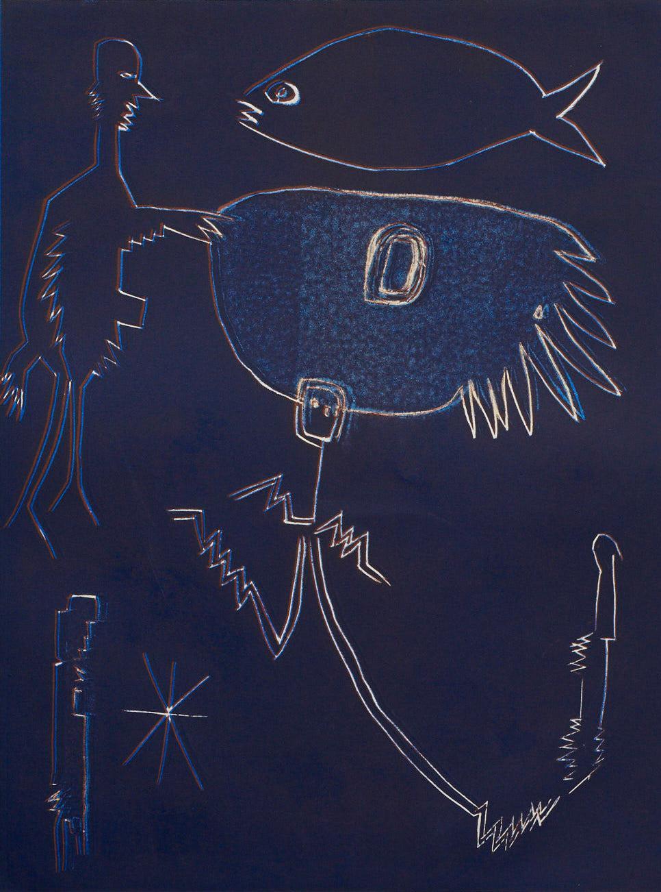 Wyona Diskin Abstract Print – Blauer Mann mit Fisch