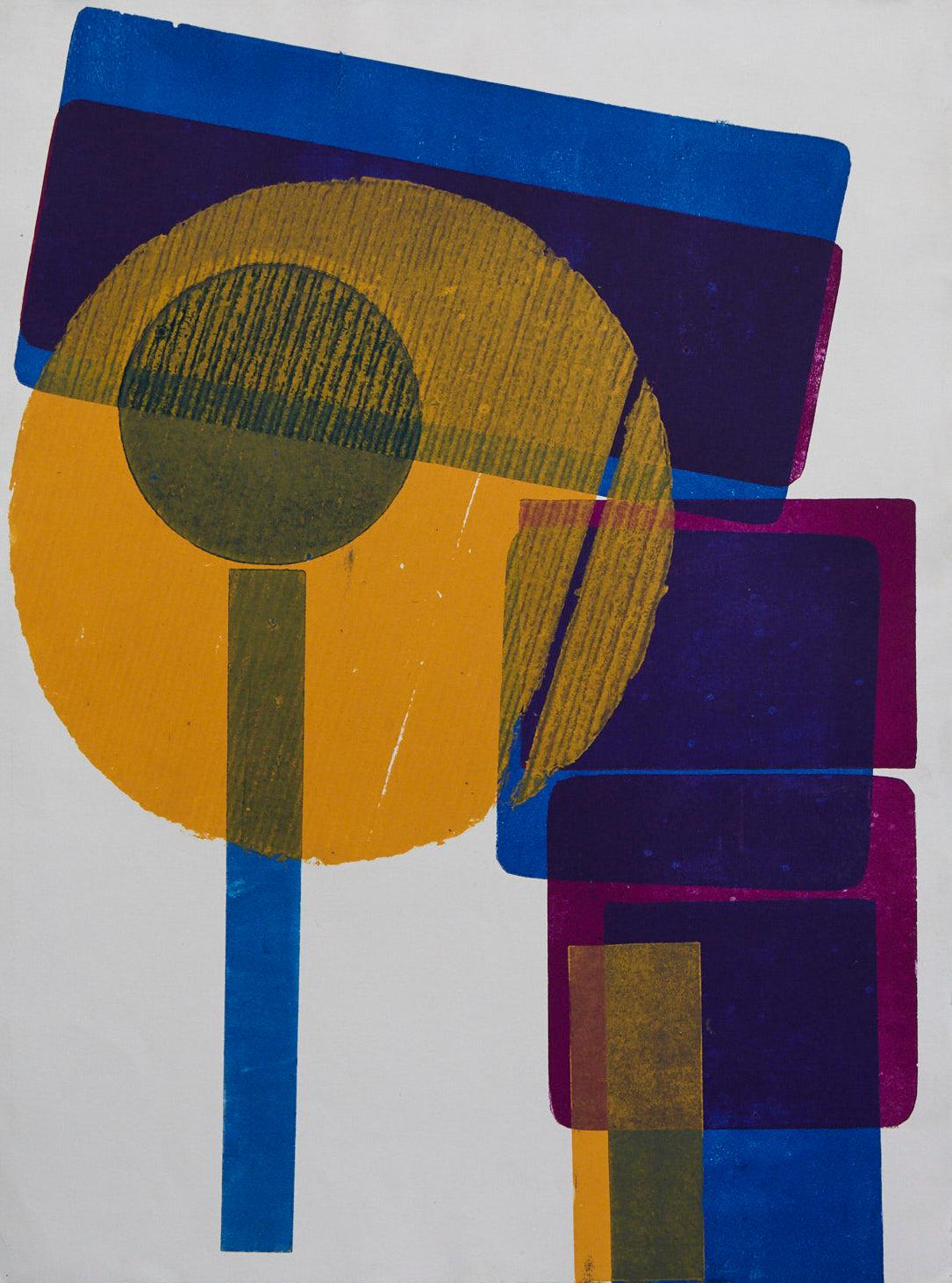 Wyona Diskin Abstract Print - Blue Squares with Orange Circle