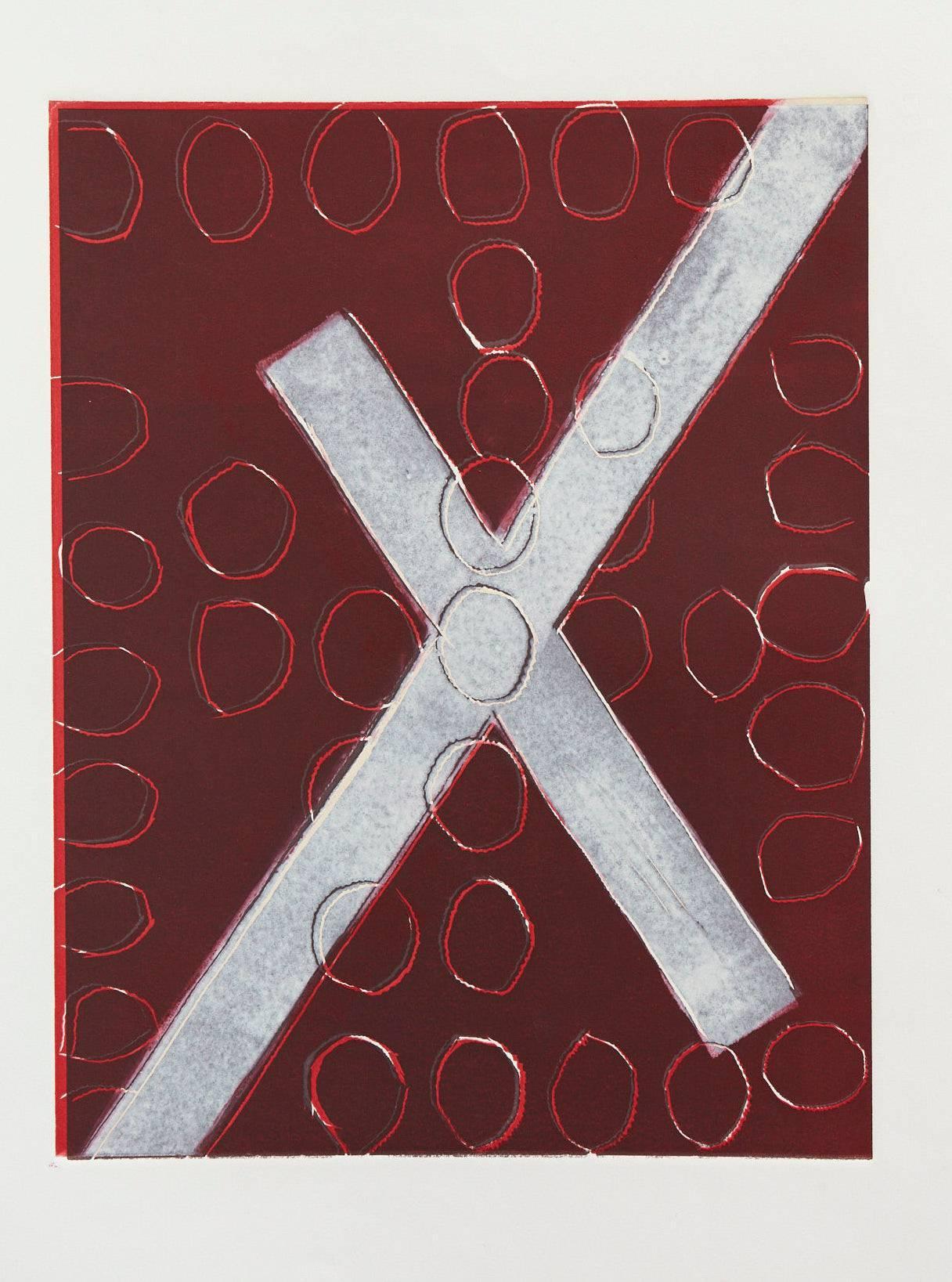 X blanc sur rouge - Marron Abstract Print par Wyona Diskin
