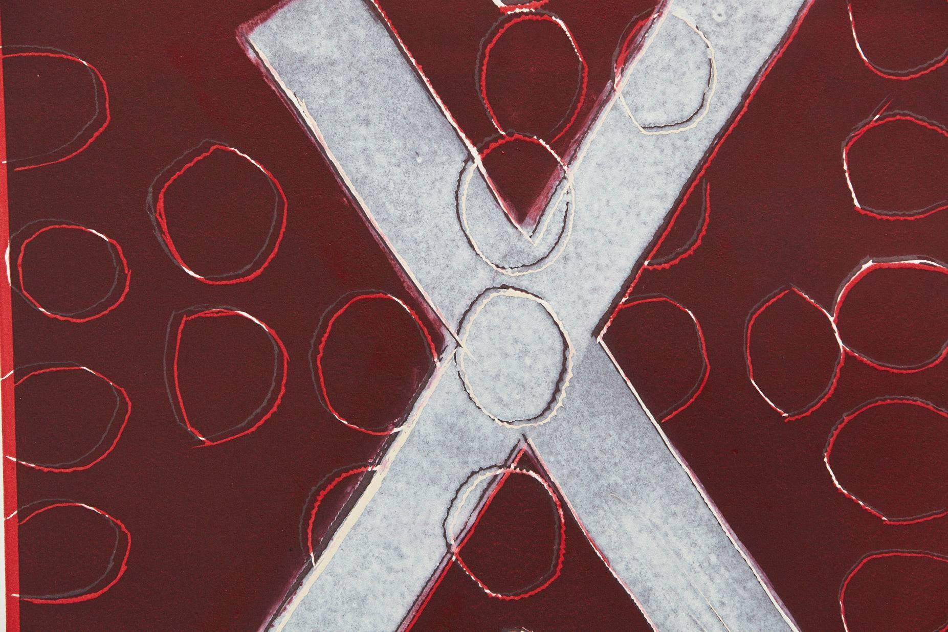 Wyona Diskin, Amerikanerin (1915 - 1991)
Weiß X auf Rot
Monodruck, links unten mit Bleistift signiert. Ungerahmt.

Die abstrakten Monodrucke von Wyona Diskin stellen starke geometrische Formen und dynamische Farbkontraste gegenüber. Sie sind sehr