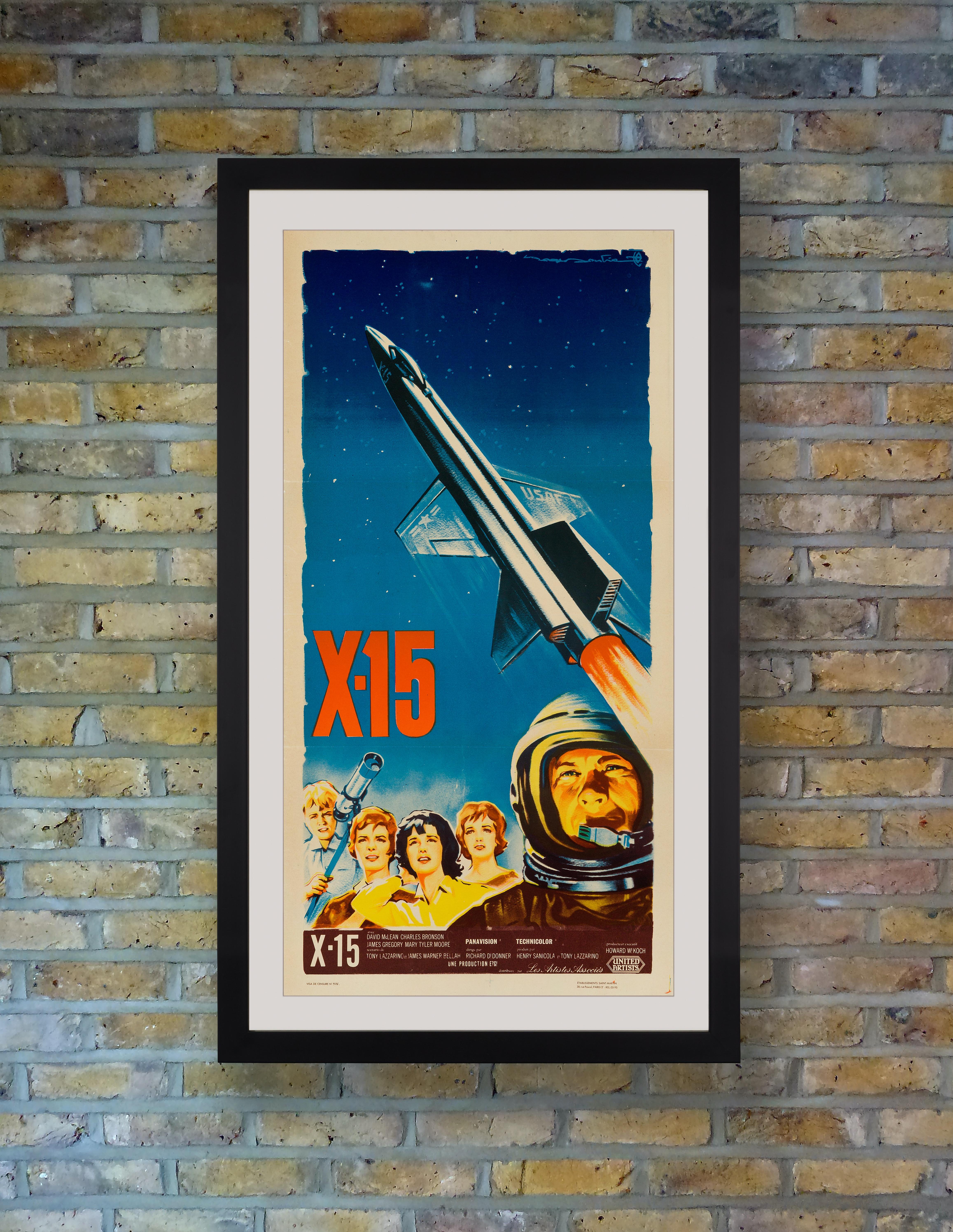 A scarce and striking poster with powerful painterly artwork by prolific poster artist Roger Soubie for the French release of the 1961 American aviation drama 'X-15,' which presented a fictionalized account of the experimental X-15 research rocket