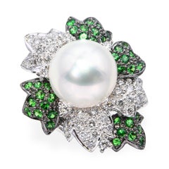 X 18k Black Rhodium White Gold Pearl Tsavorite and Diamond Floral Ring