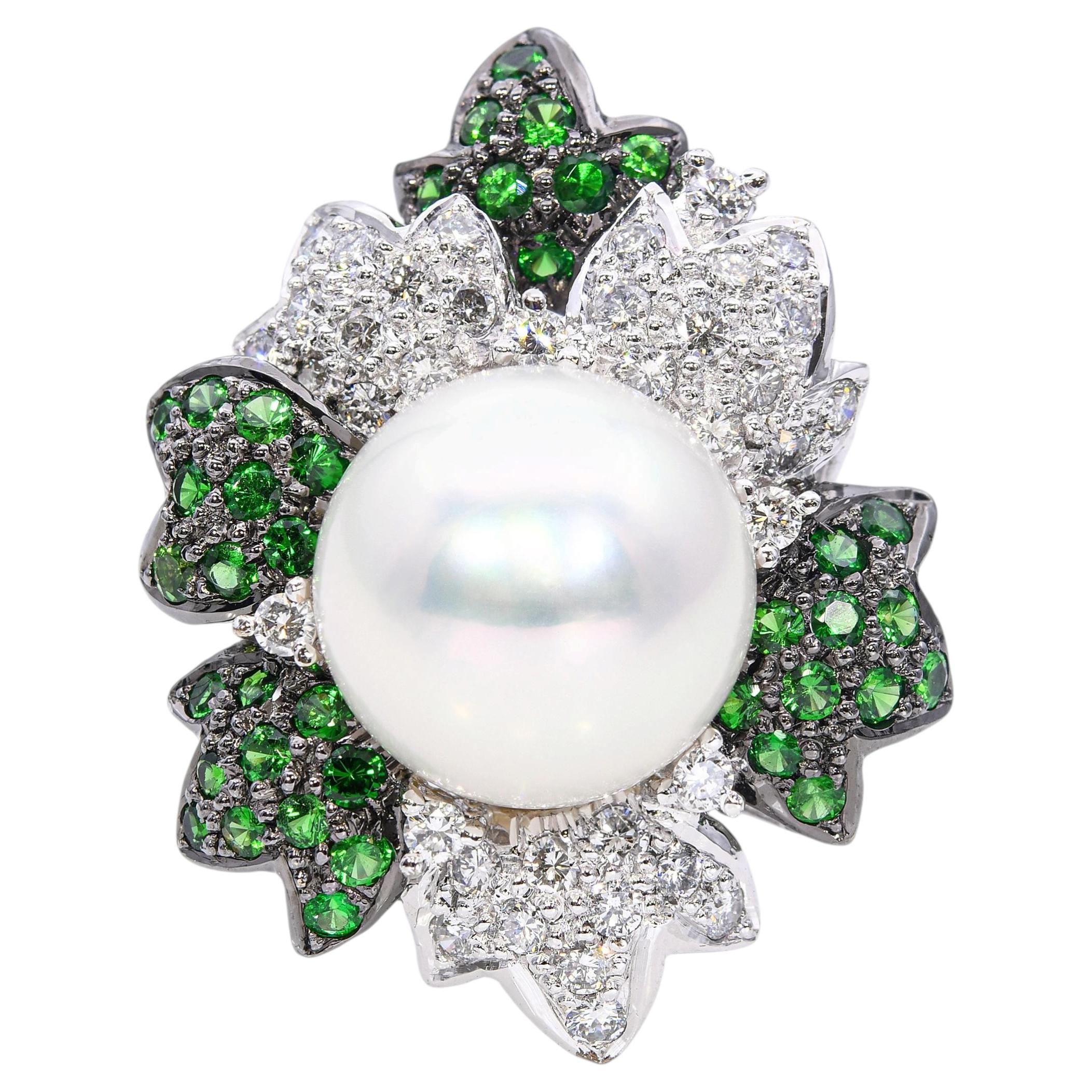 18k Schwarz Rhodium Weißgold Perle Tsavorit und Diamant Floral Ring