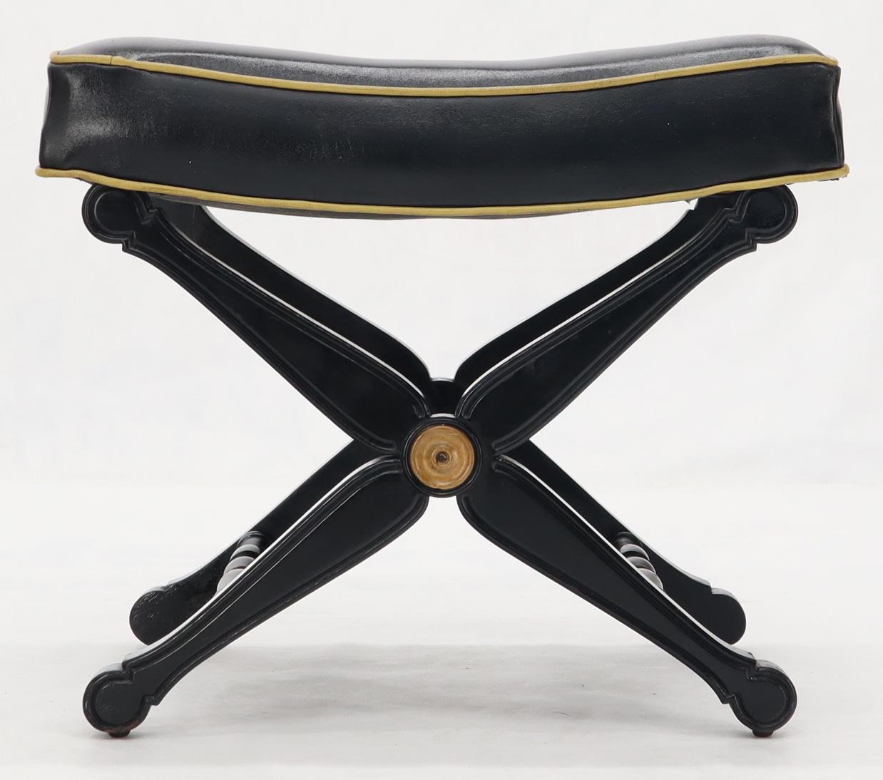 Mid-Century Modern X Base Black Lacquer Tufted Two-Tone Upholstery Neoclassical Bench Footstool For Sale