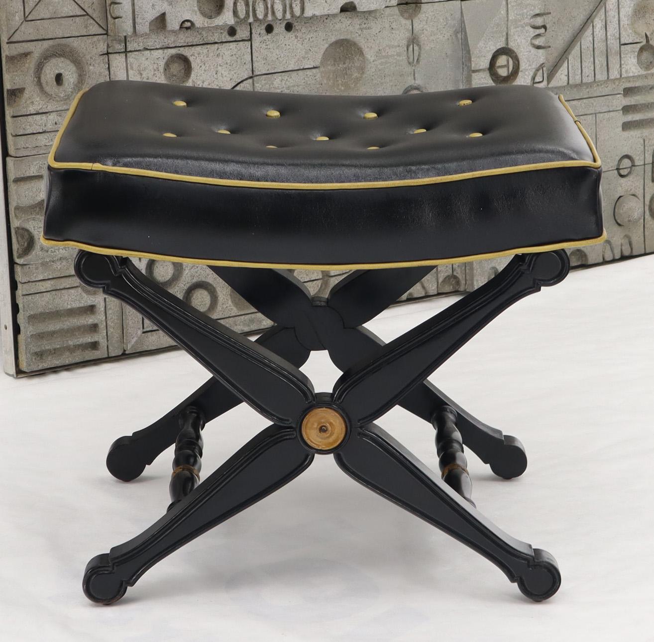 Walnut X Base Black Lacquer Tufted Two-Tone Upholstery Neoclassical Bench Footstool For Sale