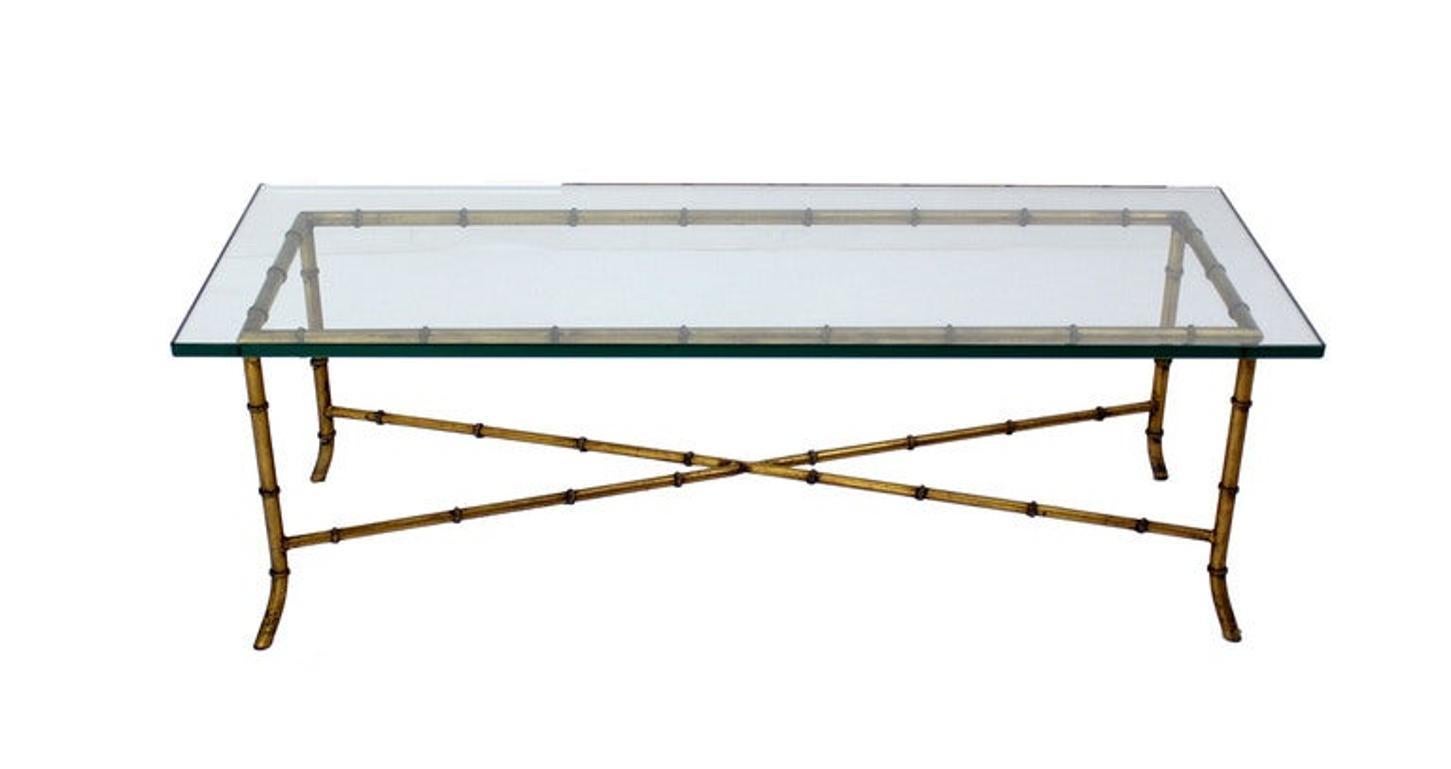 Mid-Century Modern X Base Rectangular Mid Century Modern Gilt Faux Bamboo Glass Top Coffee Table For Sale