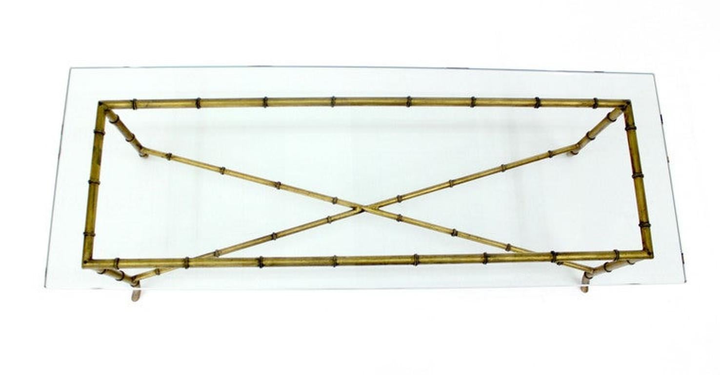 American X Base Rectangular Mid Century Modern Gilt Faux Bamboo Glass Top Coffee Table For Sale