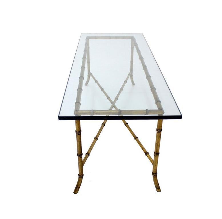 X Base Rectangular Mid Century Modern Gilt Faux Bamboo Glass Top Coffee Table For Sale 1