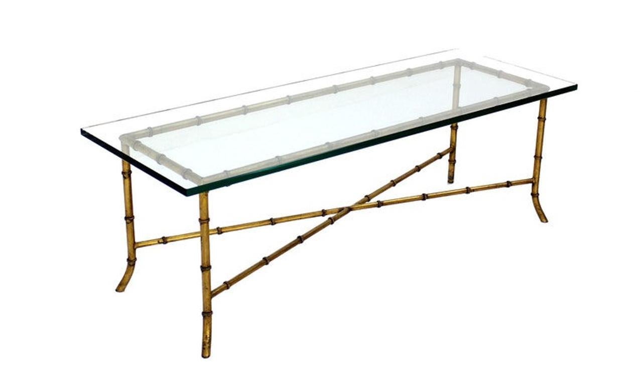 X Base Rectangular Mid Century Modern Gilt Faux Bamboo Glass Top Coffee Table For Sale 2