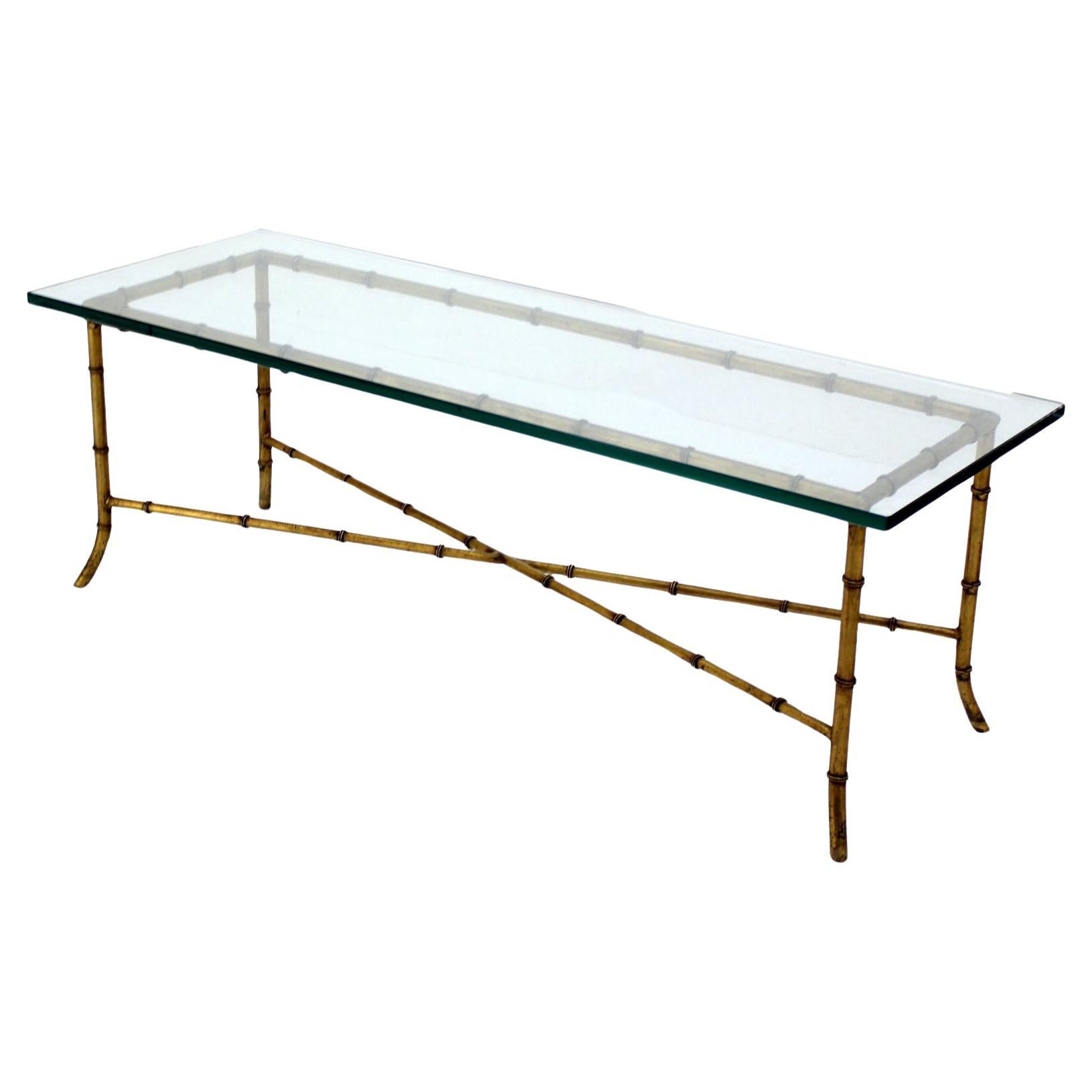X Base Rectangular Mid Century Modern Gilt Faux Bamboo Glass Top Coffee Table For Sale