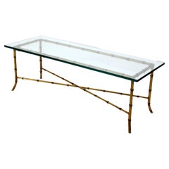 Vintage X Base Rectangular Mid Century Modern Gilt Faux Bamboo Glass Top Coffee Table