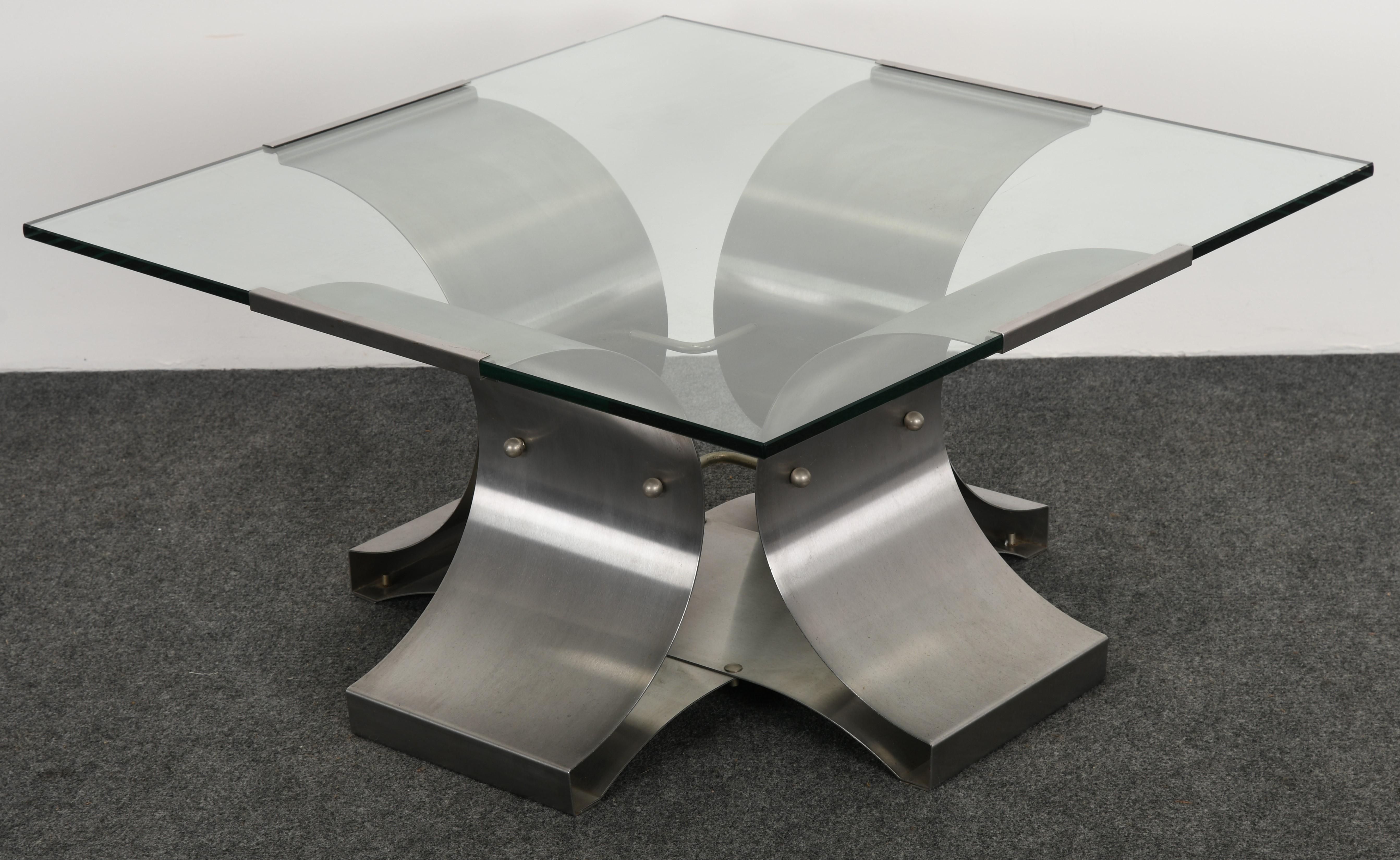 Brushed X-Base Stainless Steel Coffee Table by Francois Monnet, 1970s