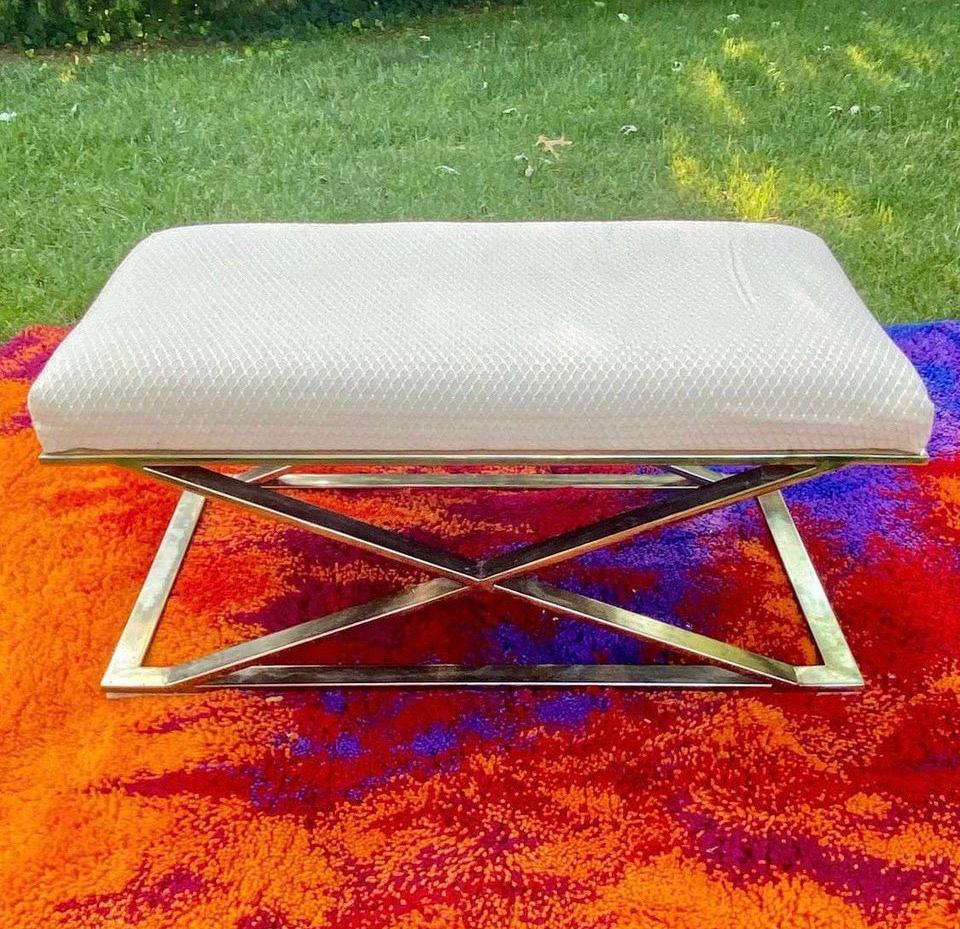 Beautiful light gold chrome bench design by Milo Baughman for Thayer Coggin, perfect size for extra seating in a living room, entry way or end of bed. Heavy Chrome frame.