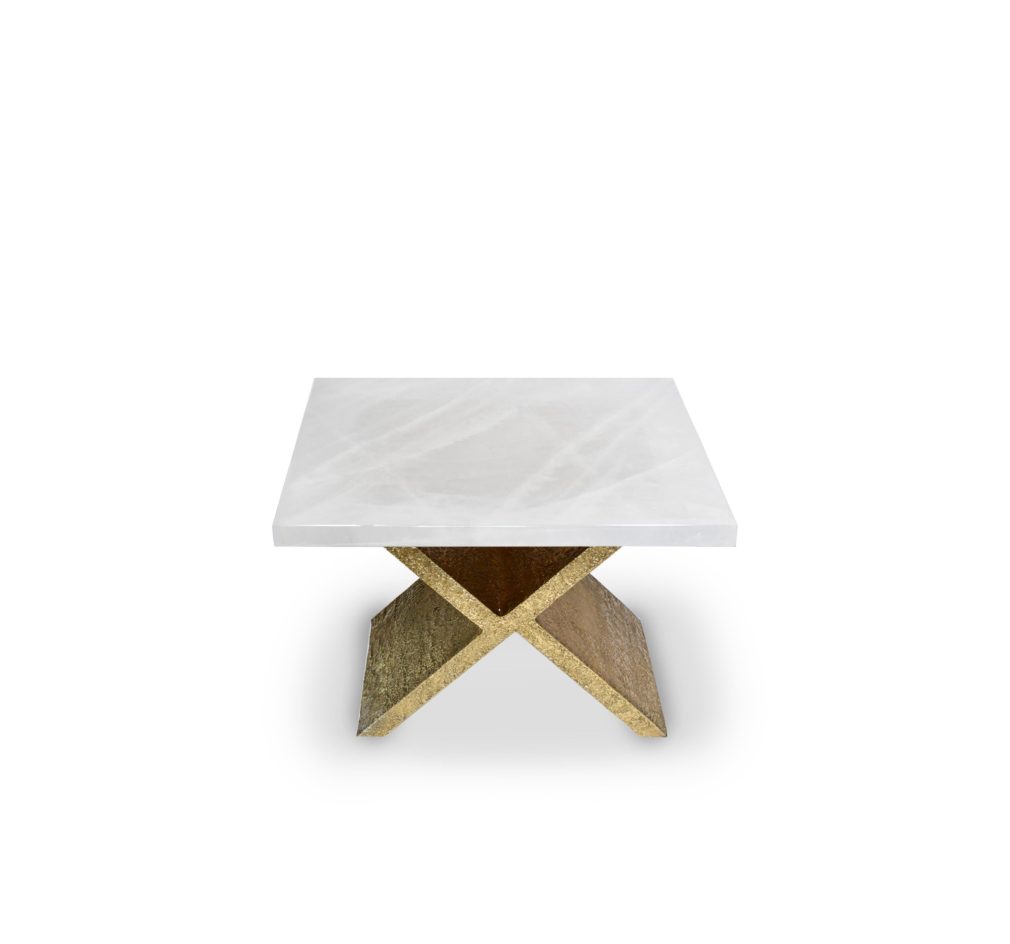 X coffee table, hammered details X brass base with rock crystal top. Created by Phoenix Gallery.