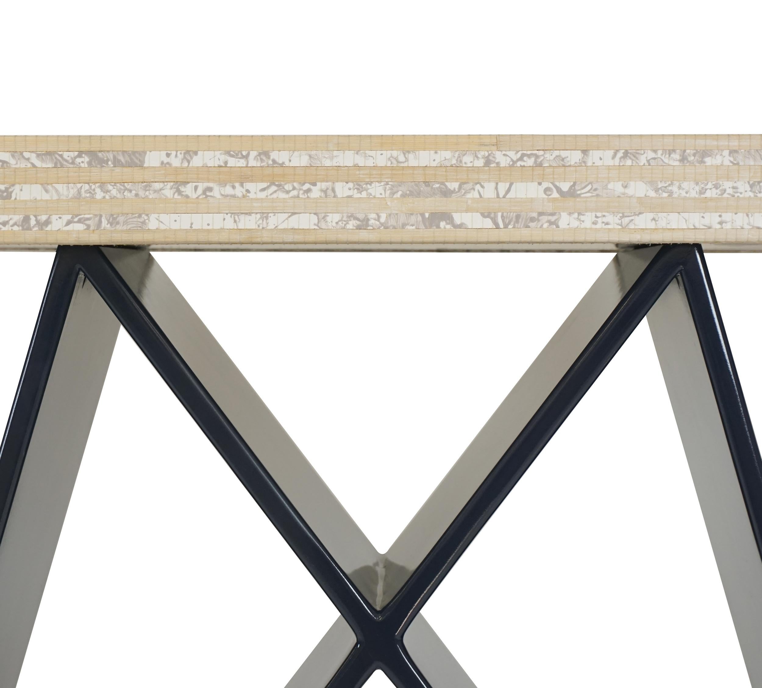 American X Console Table with Lacquered Base and Grass Woven with Paper Top For Sale