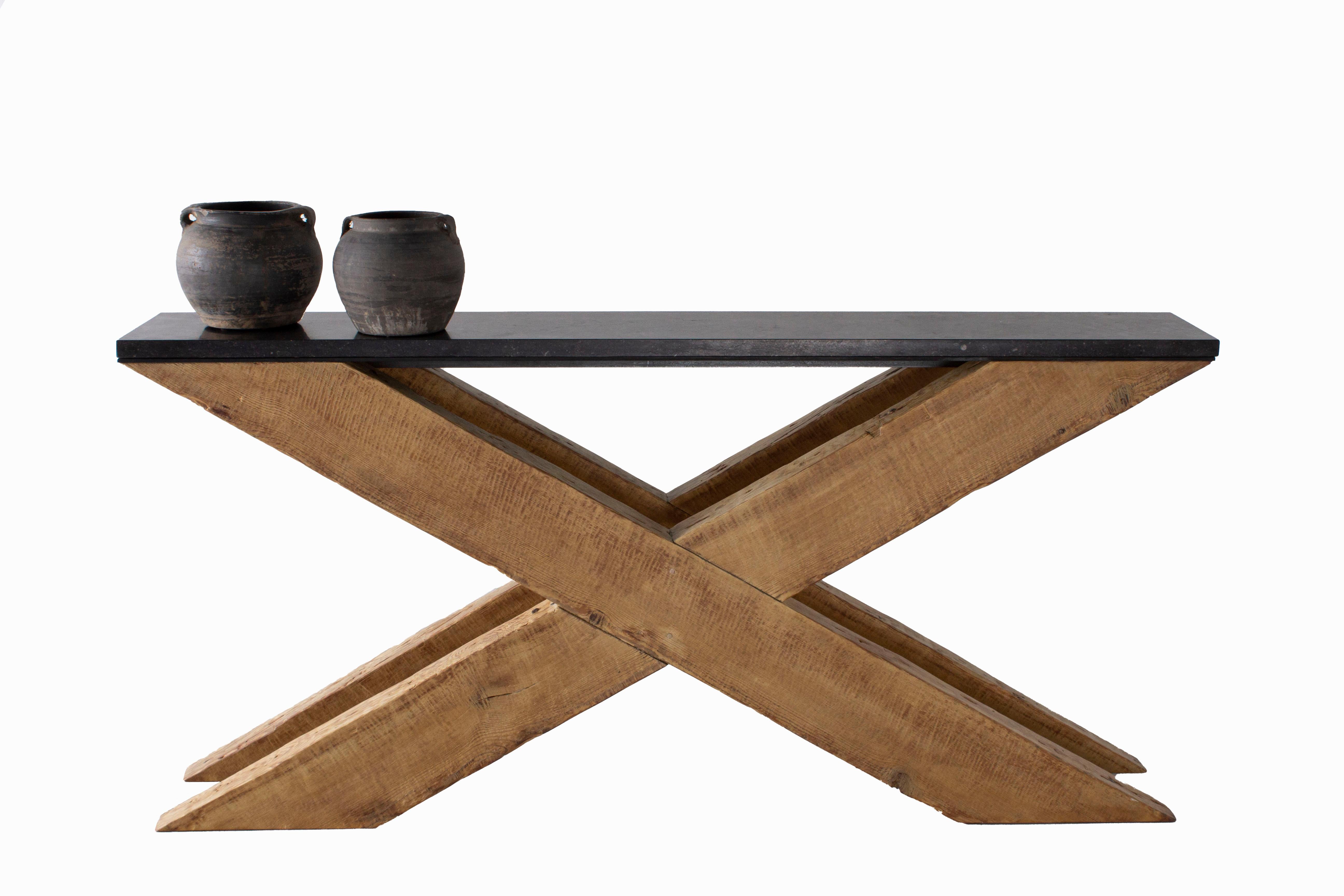 North American X-Design Serving Table with Reclaimed Pine and Belgian Blue Stone Top