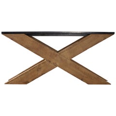 X-Design Serving Table with Reclaimed Pine and Belgian Blue Stone Top