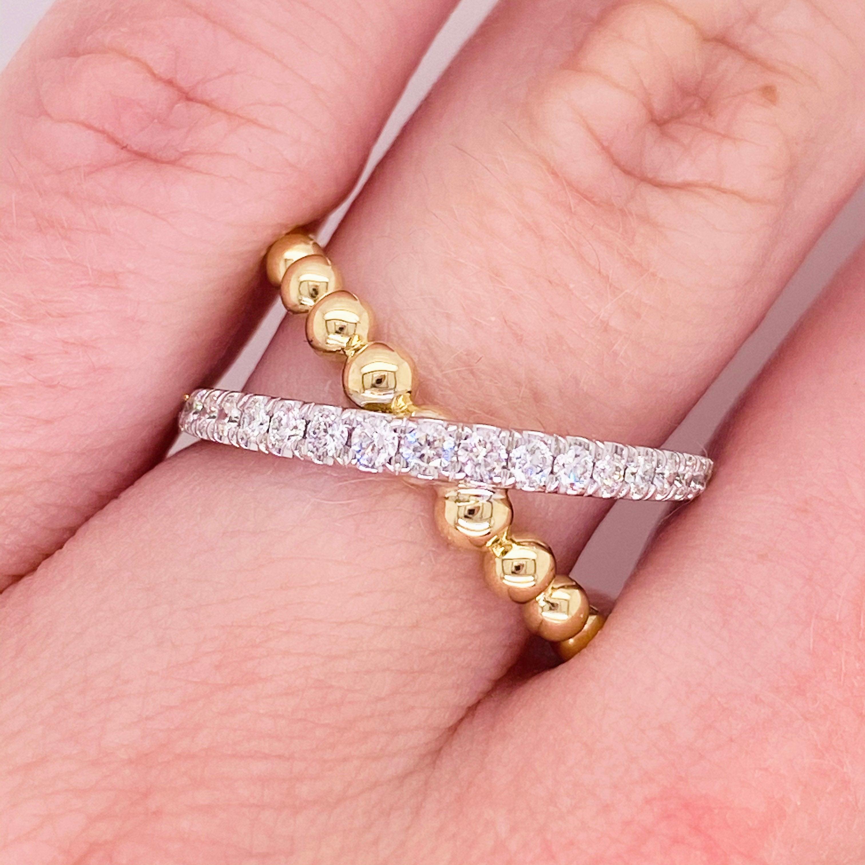 For Sale:  Custom X-Diamond Ring, 14k Gold Mixed Metal Bead Criss Cross Ring, LR51628M45JJ 2