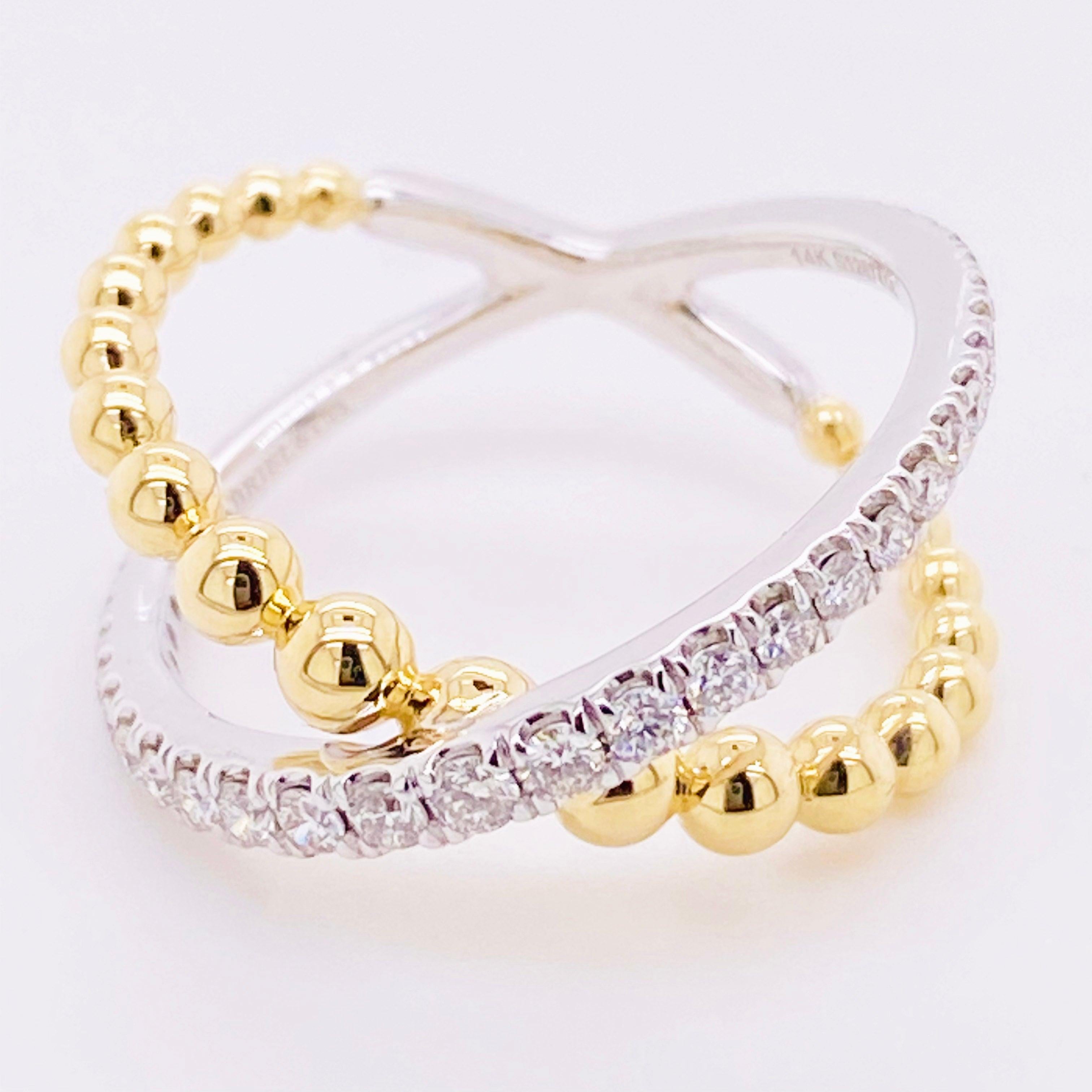 For Sale:  Custom X-Diamond Ring, 14k Gold Mixed Metal Bead Criss Cross Ring, LR51628M45JJ 3