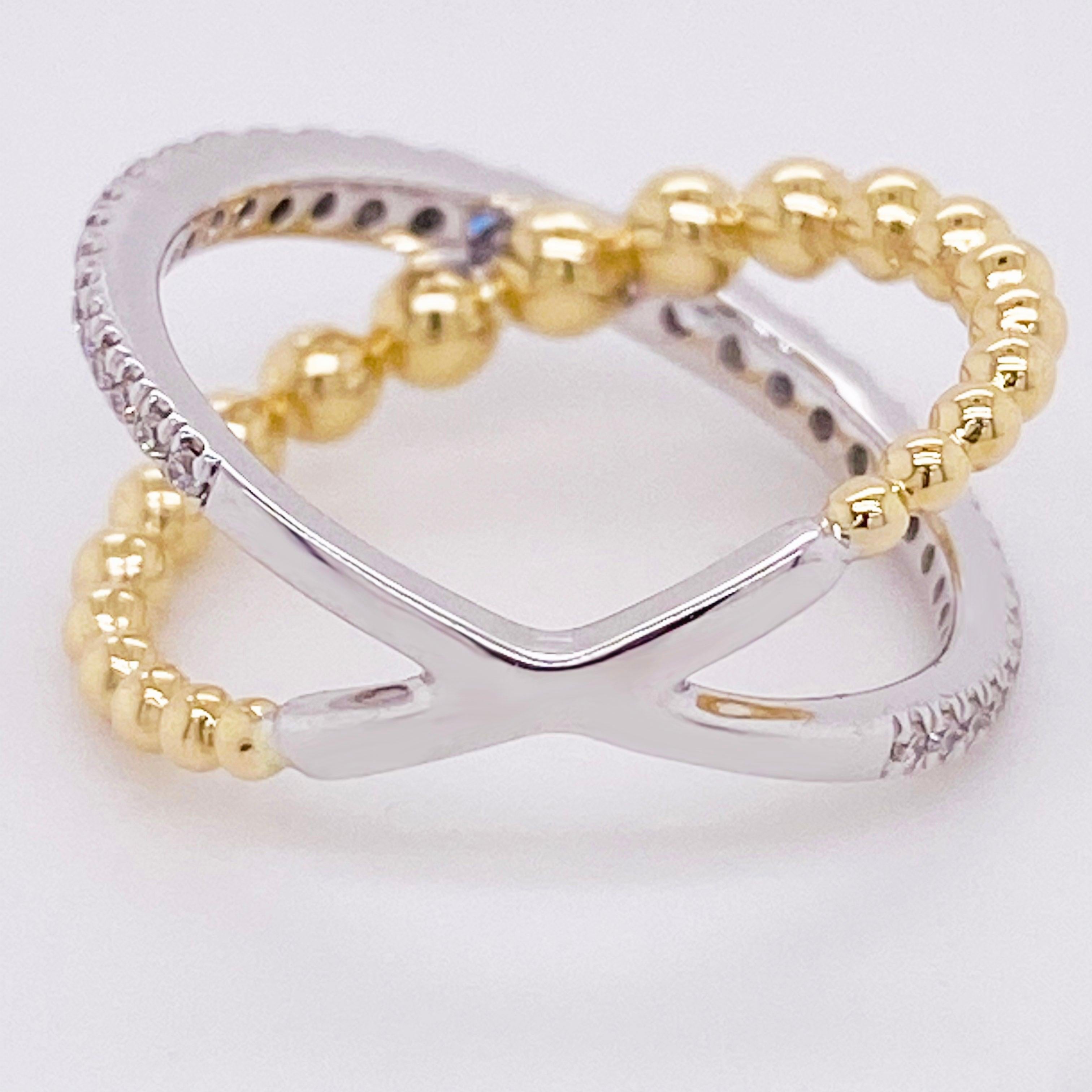 For Sale:  Custom X-Diamond Ring, 14k Gold Mixed Metal Bead Criss Cross Ring, LR51628M45JJ 5