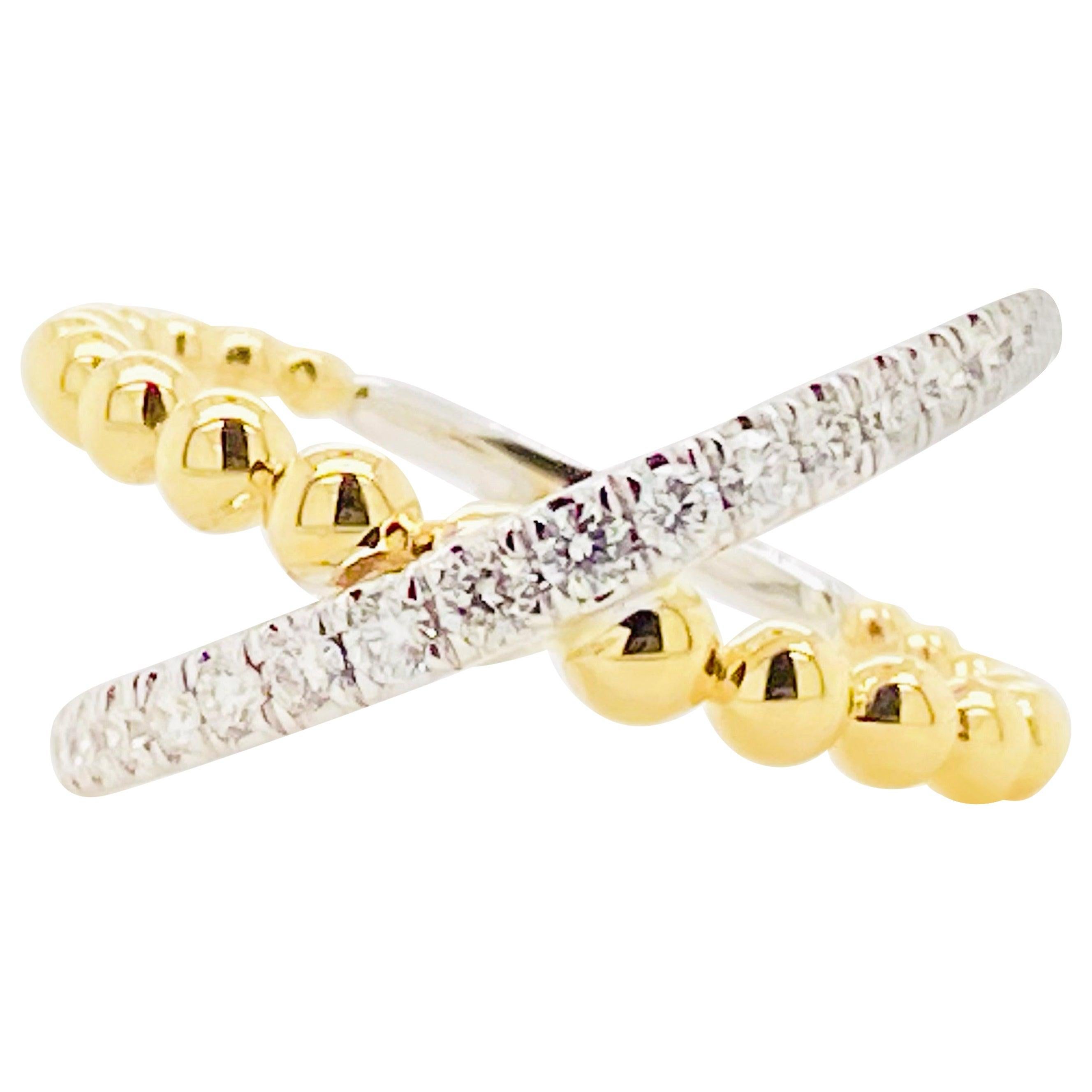For Sale:  Custom X-Diamond Ring, 14k Gold Mixed Metal Bead Criss Cross Ring, LR51628M45JJ