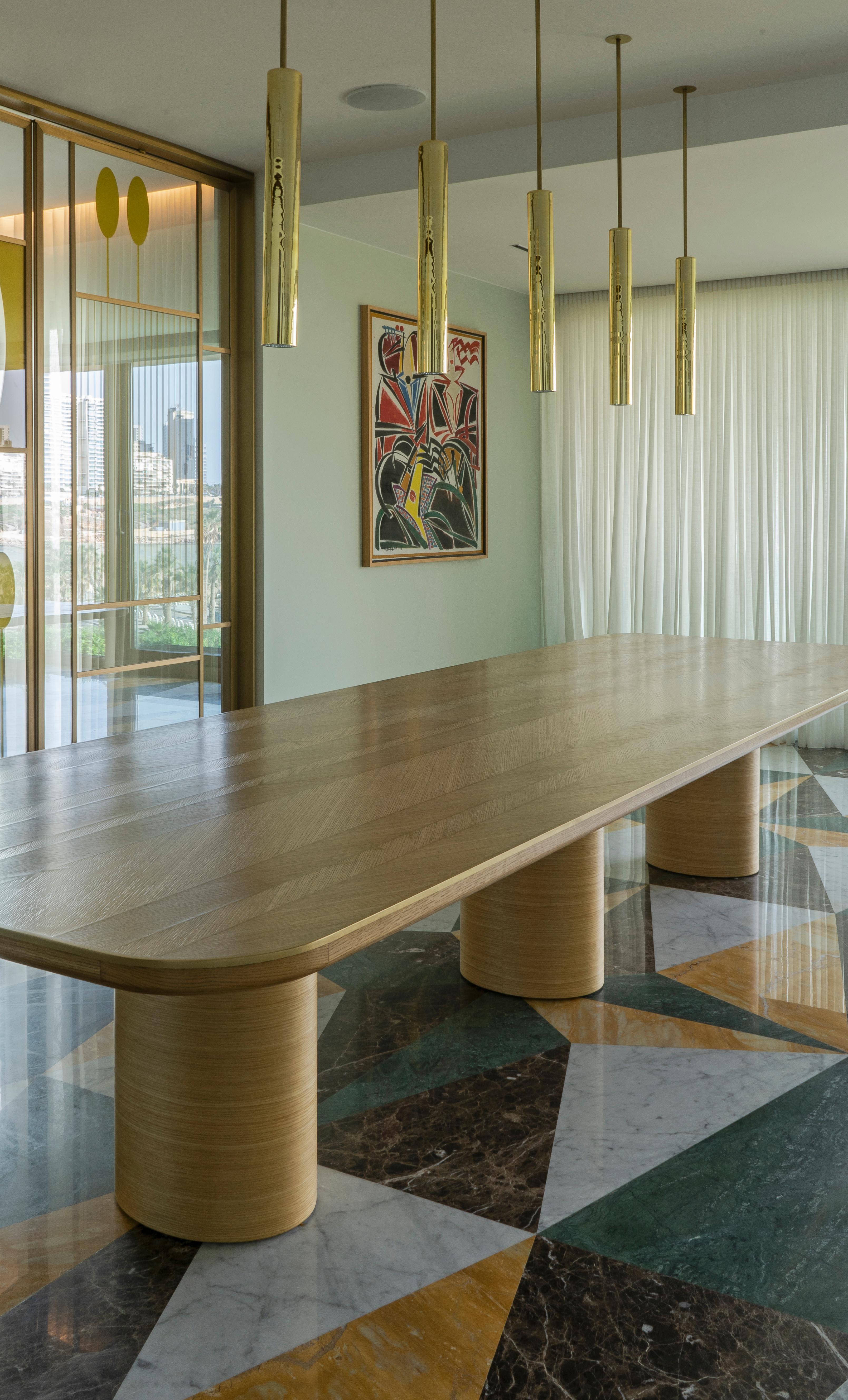 Lebanese X dining table made of natural French Oak and brass inlays For Sale