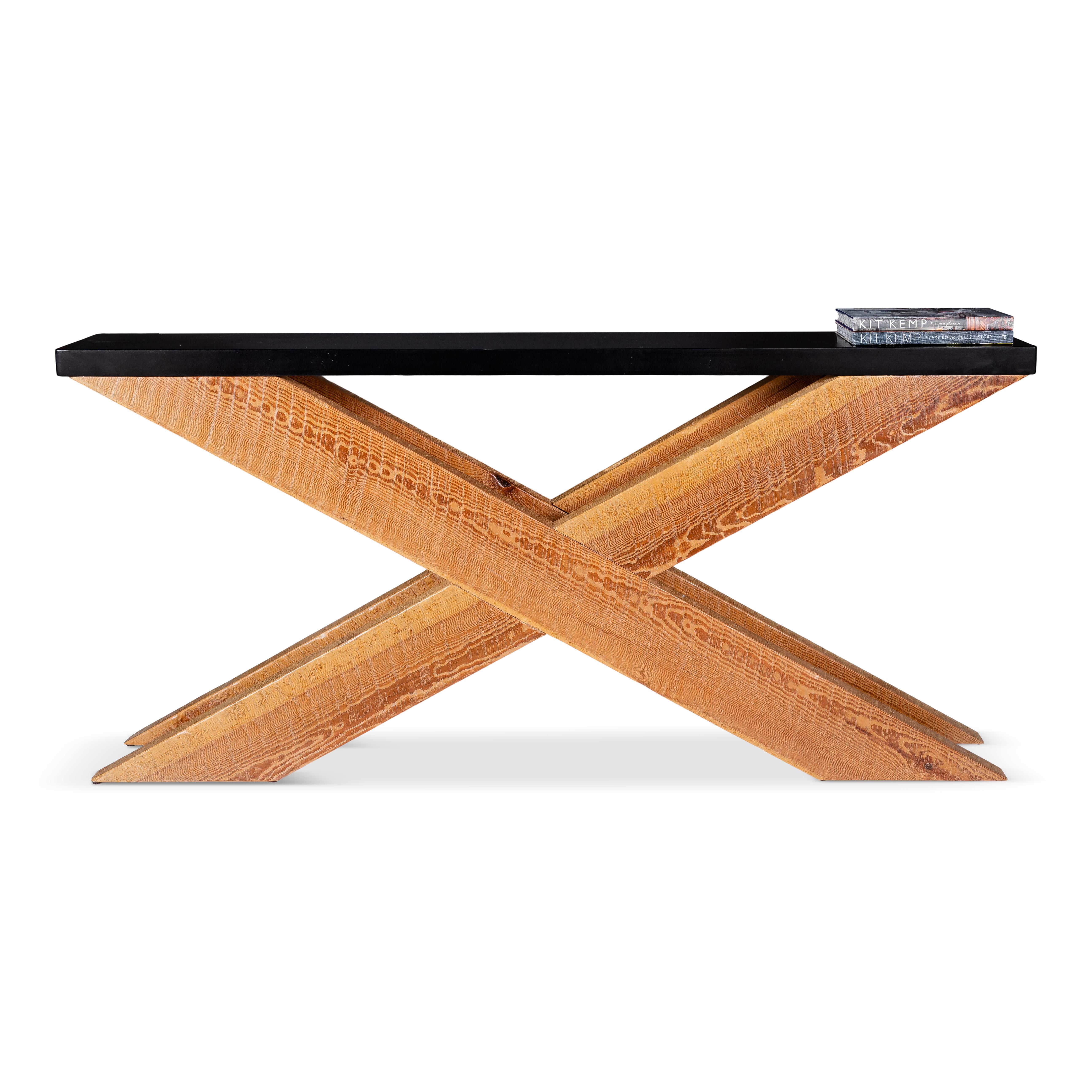 X Form elm console table with ebonized limestone top.

This item is crafted from natural materials. Detailing may vary, adding to its uniqueness. 

Piece from our one of a kind collection, Le Monde. Exclusive to Brendan Bass.

Globally curated