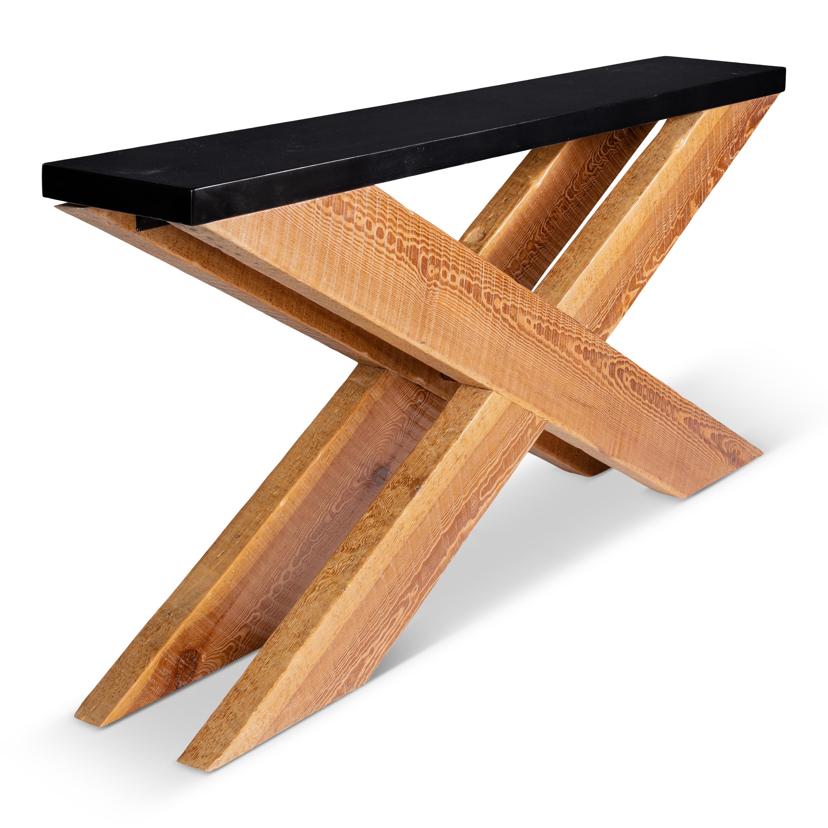 Modern X Form Console Table with Ebonized Limestone Top