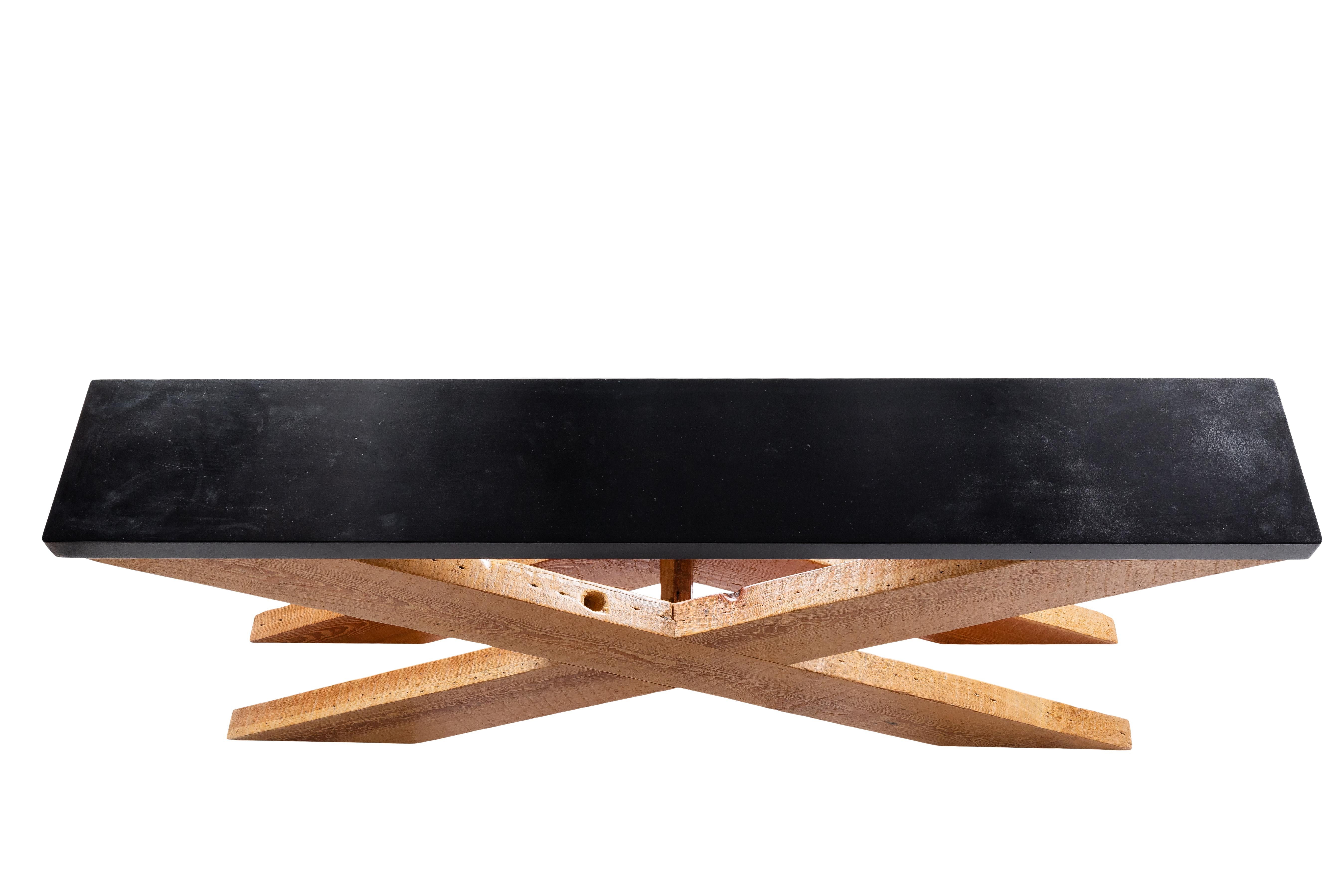 X Form Console Table with Ebonized Limestone Top In Distressed Condition In Dallas, TX