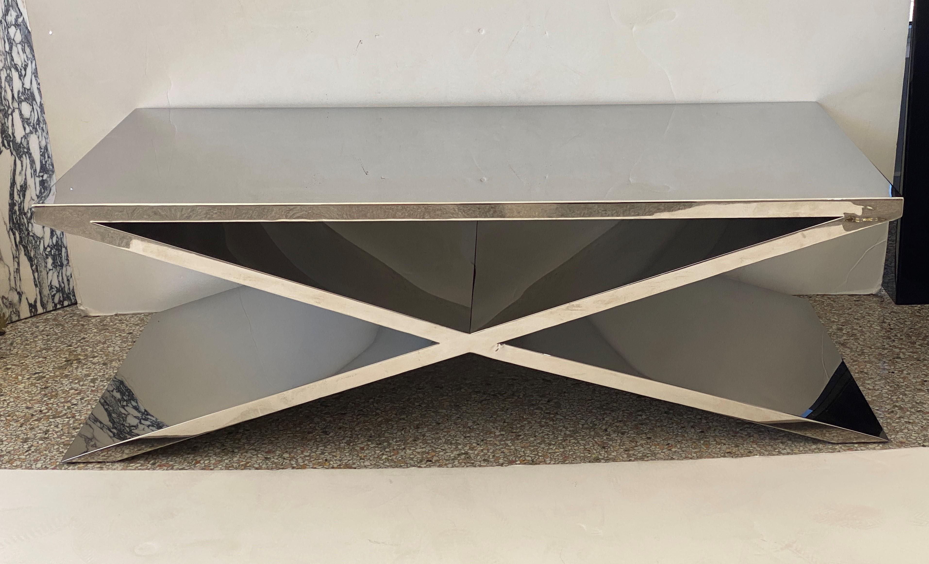 Modern X-Form Polished Steel Cocktail Table For Sale