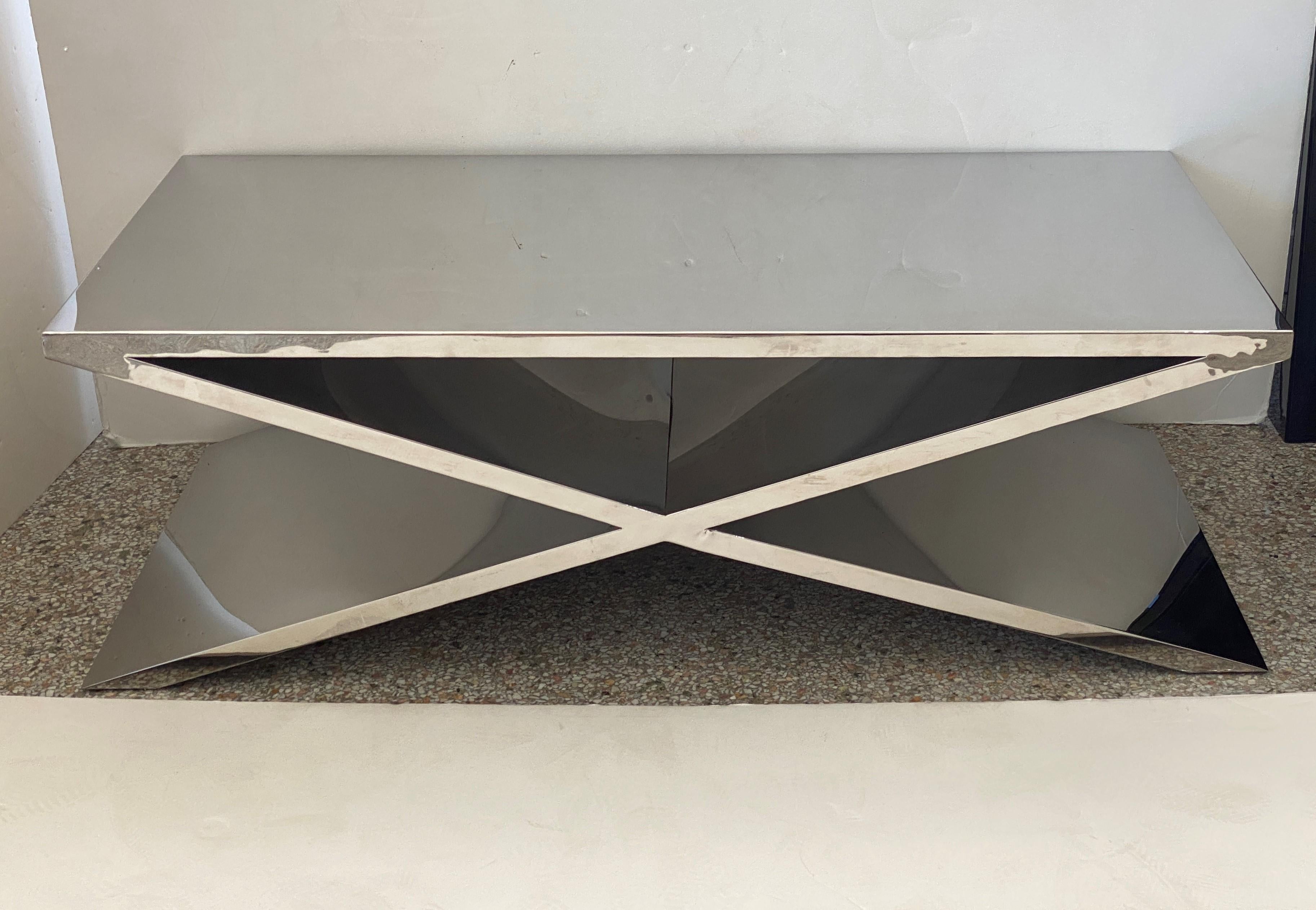 Italian X-Form Polished Steel Cocktail Table For Sale