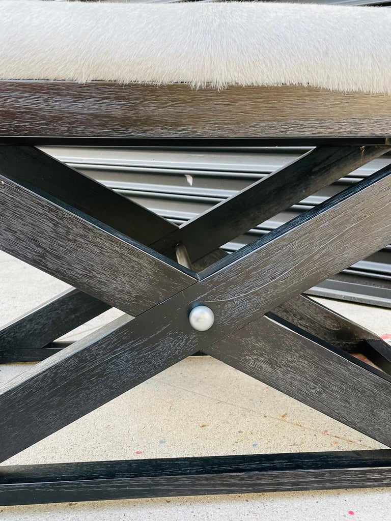 X Frame Bench With Cowhide Upholstery and Stainless Steel Accents For