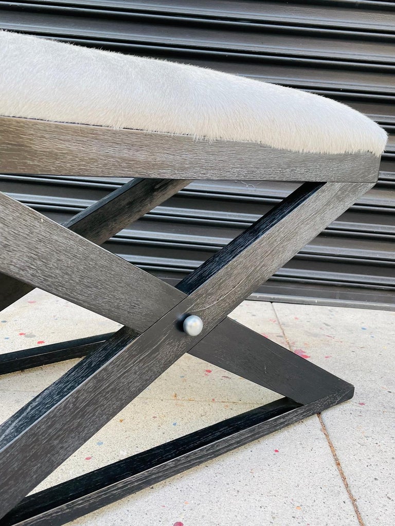 X Frame Bench With Cowhide Upholstery and Stainless Steel Accents For