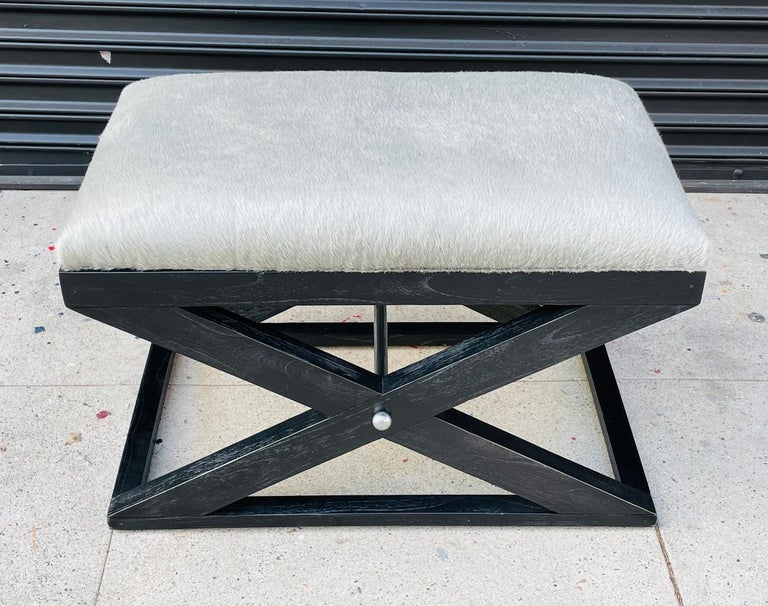 X Frame Bench With Cowhide Upholstery and Stainless Steel Accents For