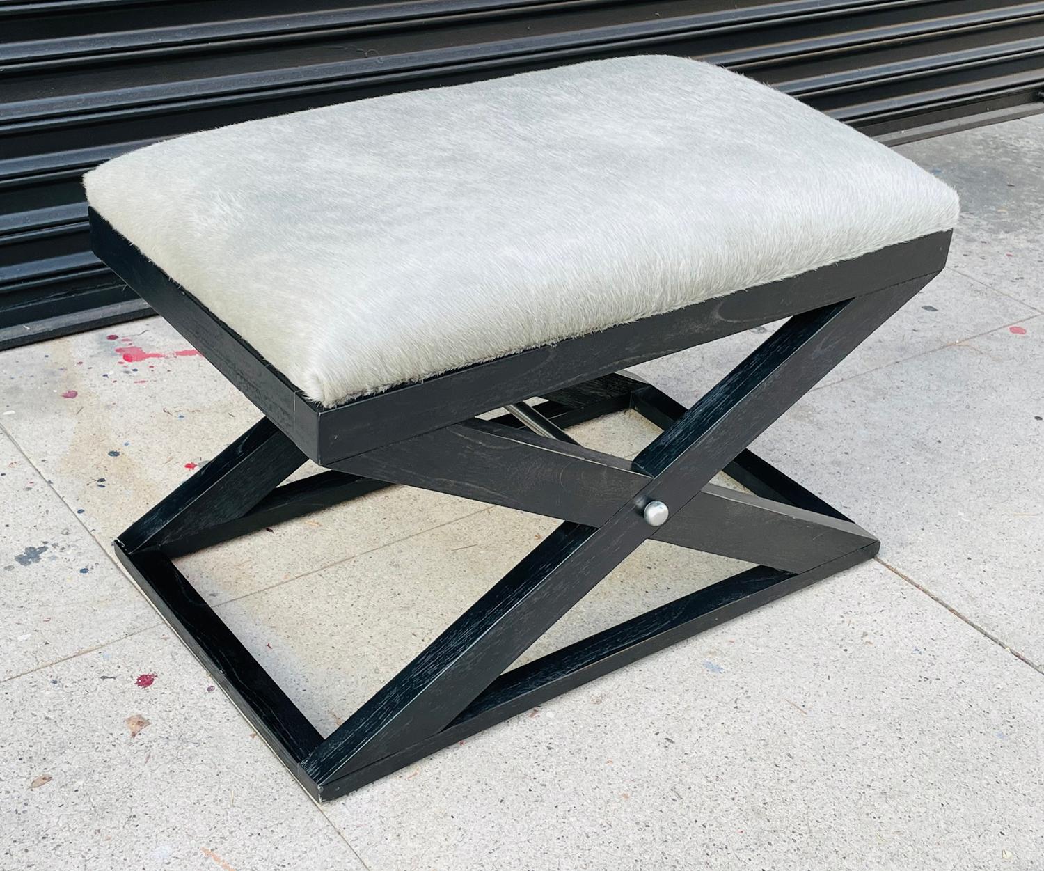 Mid-Century Modern X Frame Bench With Cowhide Upholstery & Stainless Steel Accents