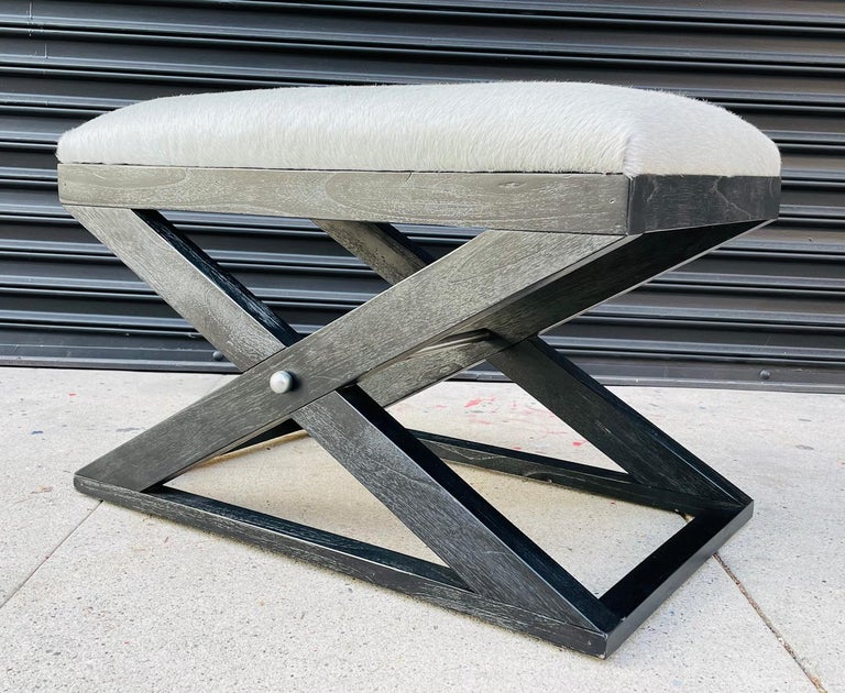 X Frame Bench With Cowhide Upholstery and Stainless Steel Accents For