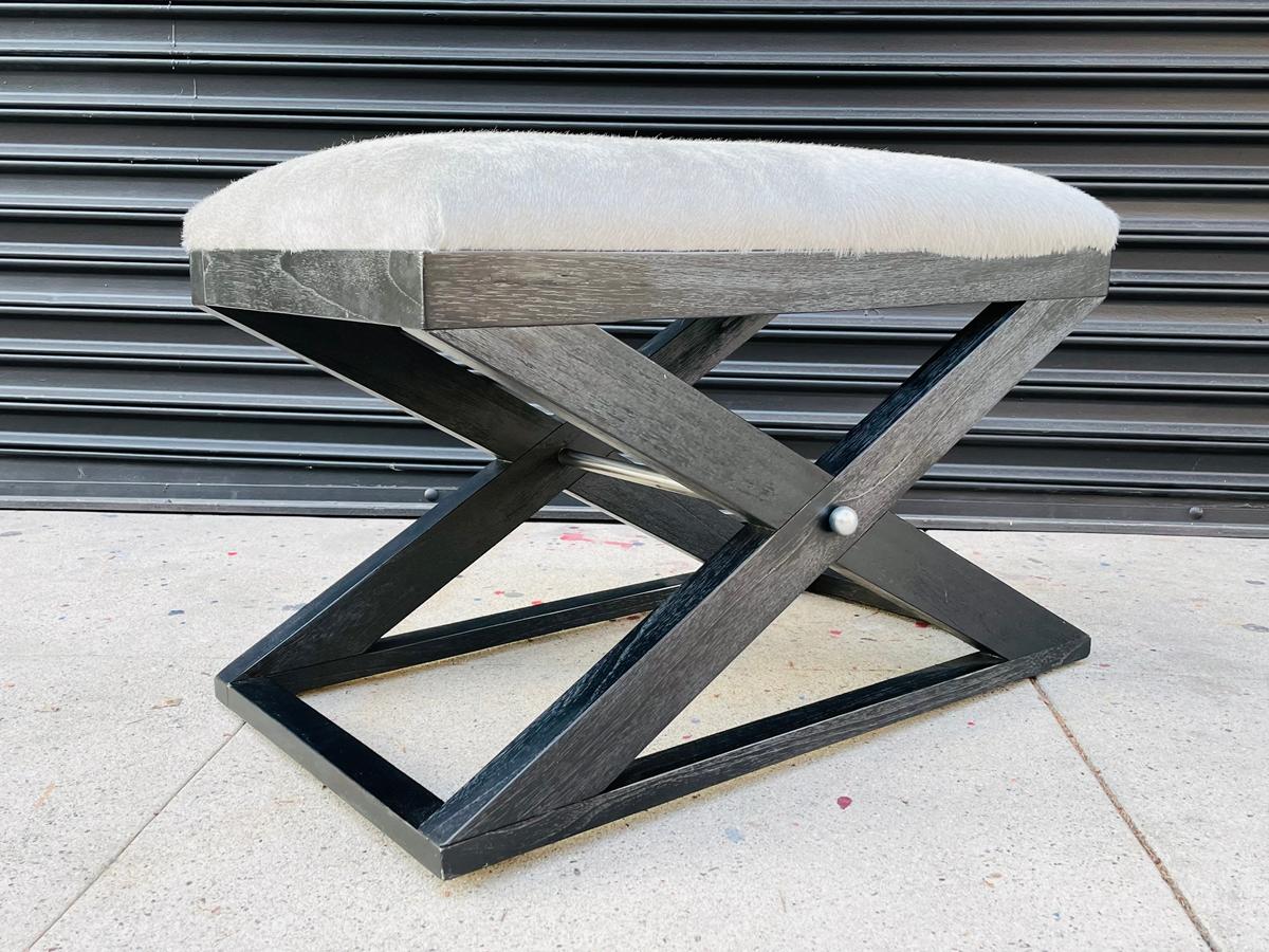 X Frame Bench With Cowhide Upholstery & Stainless Steel Accents In Good Condition In Los Angeles, CA