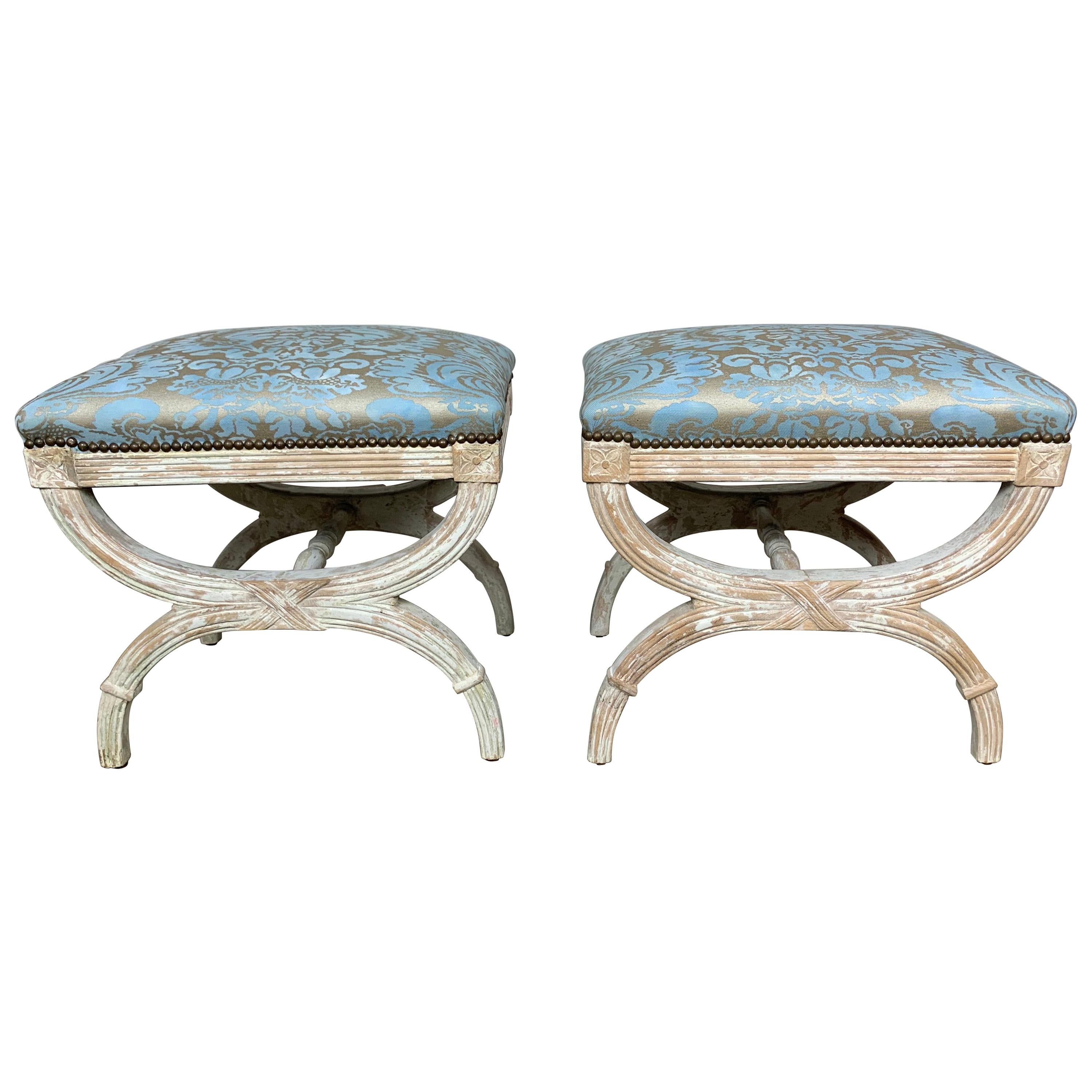 "X" Frame Fortuny Upholstered White Wash Benches, Pair